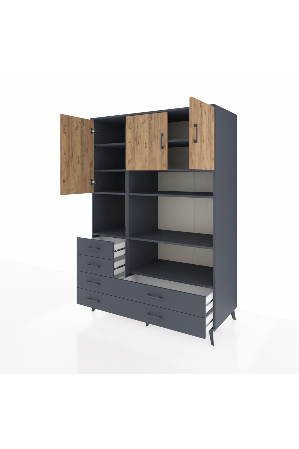 Kronos Dolap 9 Raflı 6 Çekmeceli 3 Kapaklı 132x59x195 Antrasit-Çam/Antrasit