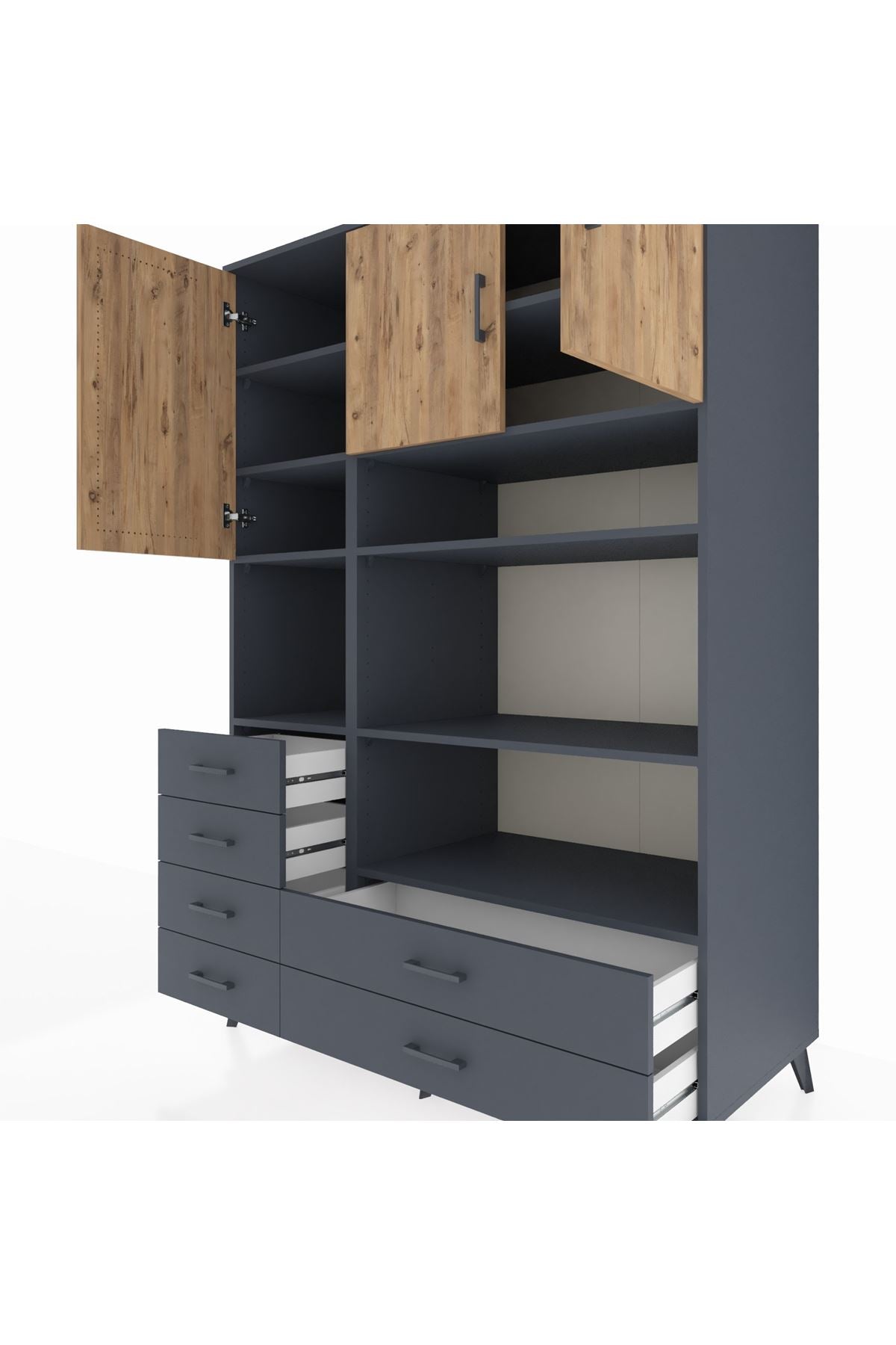 Kronos Dolap 9 Raflı 6 Çekmeceli 3 Kapaklı 132x59x195 Antrasit-Çam/Antrasit