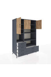 Kronos Dolap 9 Raflı 6 Çekmeceli 3 Kapaklı 132x59x195 Antrasit-Çam/Antrasit