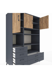Kronos Dolap 9 Raflı 6 Çekmeceli 3 Kapaklı 132x59x195 Antrasit-Çam/Antrasit