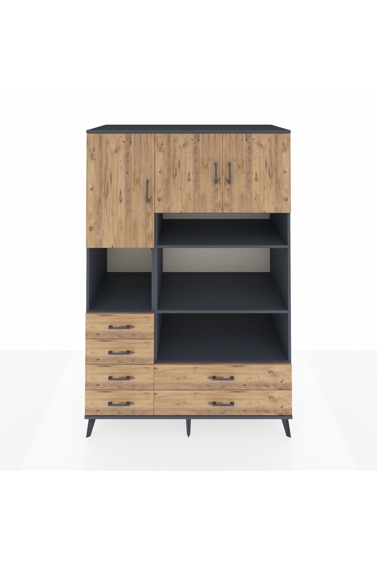 Kronos Dolap 9 Raflı 6 Çekmeceli 3 Kapaklı 132x59x195 Antrasit-Çam/Çam