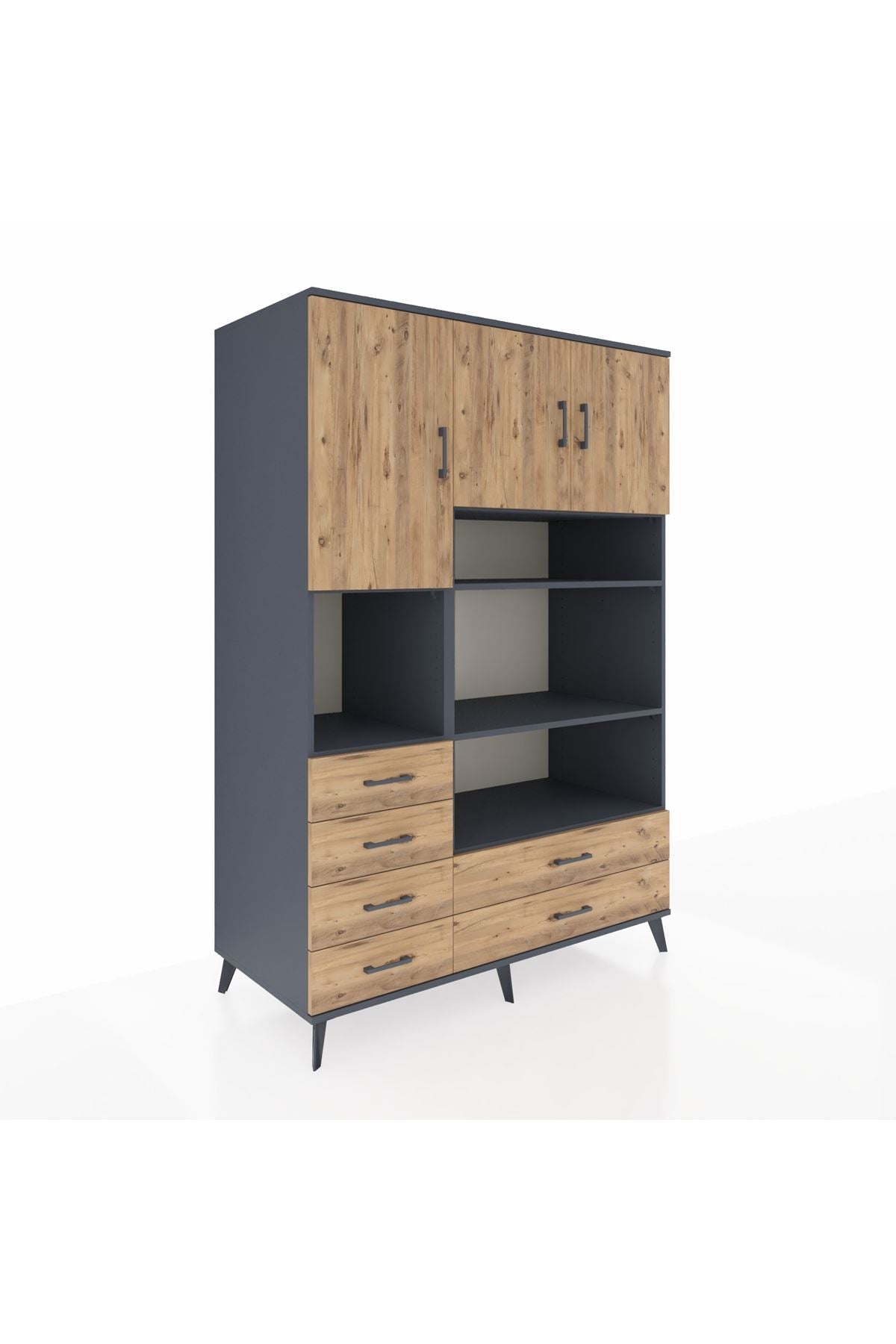 Kronos Dolap 9 Raflı 6 Çekmeceli 3 Kapaklı 132x59x195 Antrasit-Çam/Çam