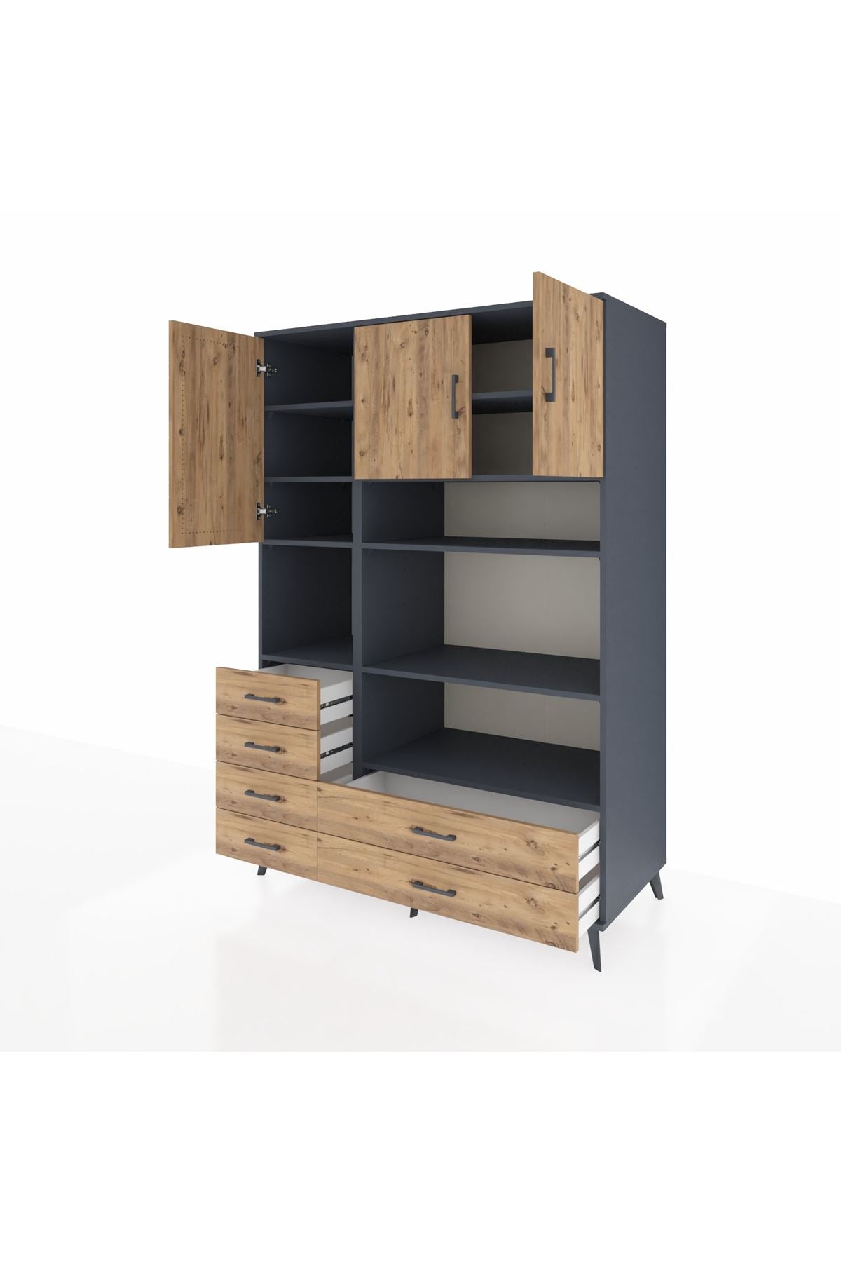 Kronos Dolap 9 Raflı 6 Çekmeceli 3 Kapaklı 132x59x195 Antrasit-Çam/Çam