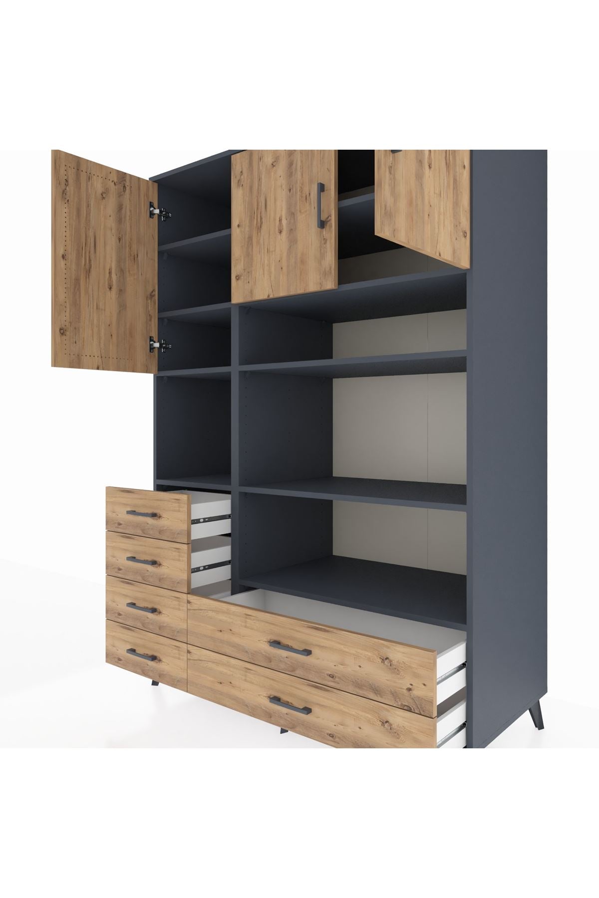 Kronos Dolap 9 Raflı 6 Çekmeceli 3 Kapaklı 132x59x195 Antrasit-Çam/Çam