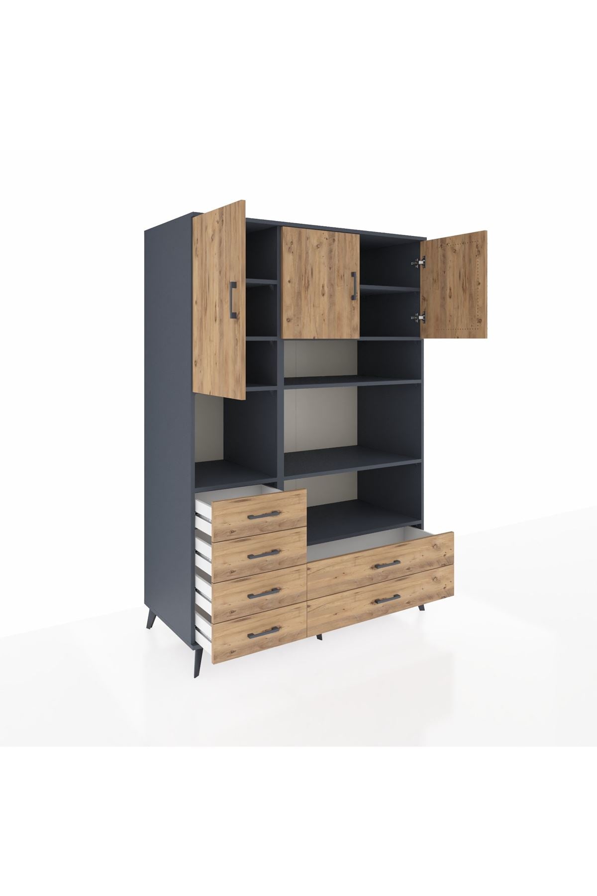 Kronos Dolap 9 Raflı 6 Çekmeceli 3 Kapaklı 132x59x195 Antrasit-Çam/Çam