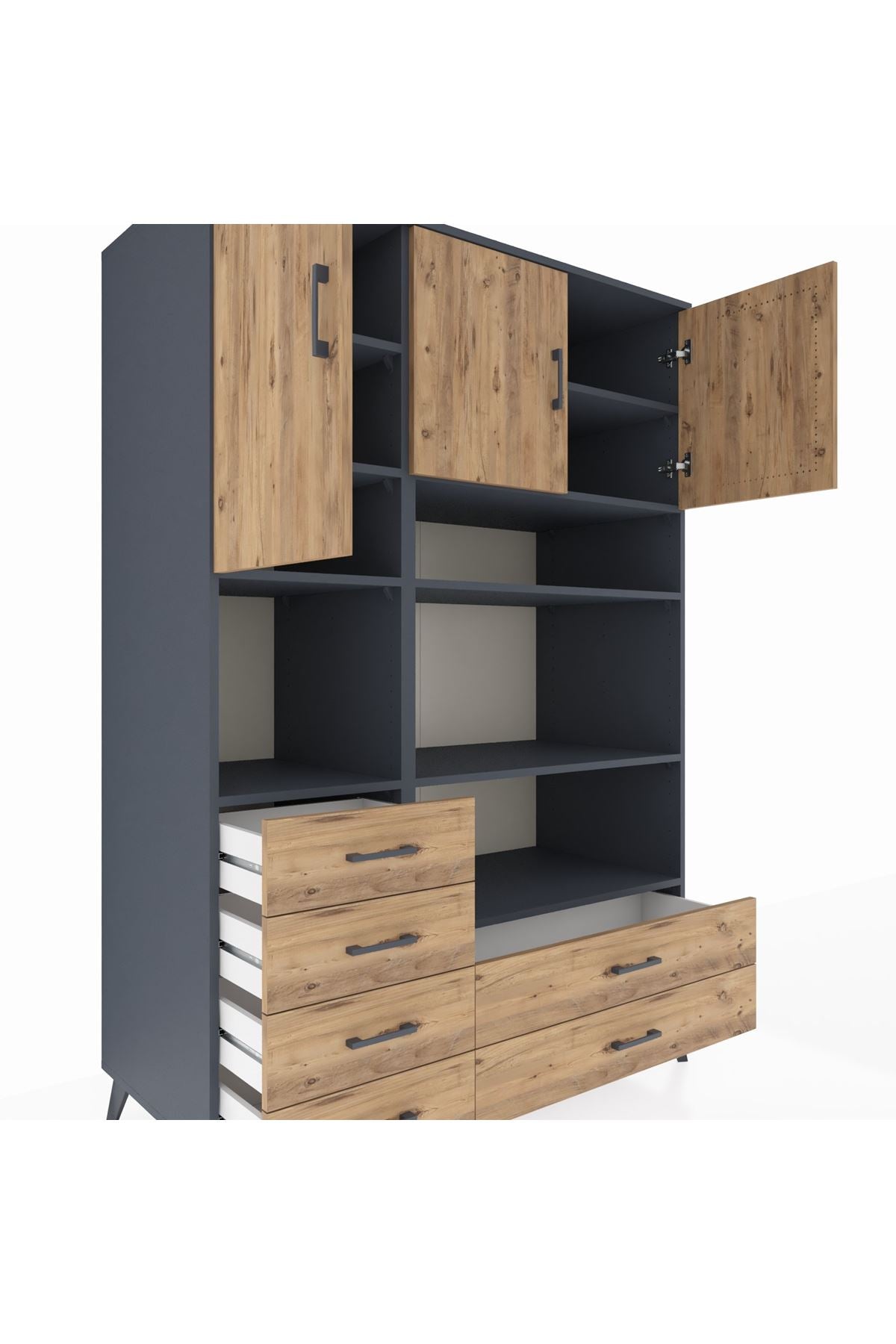 Kronos Dolap 9 Raflı 6 Çekmeceli 3 Kapaklı 132x59x195 Antrasit-Çam/Çam