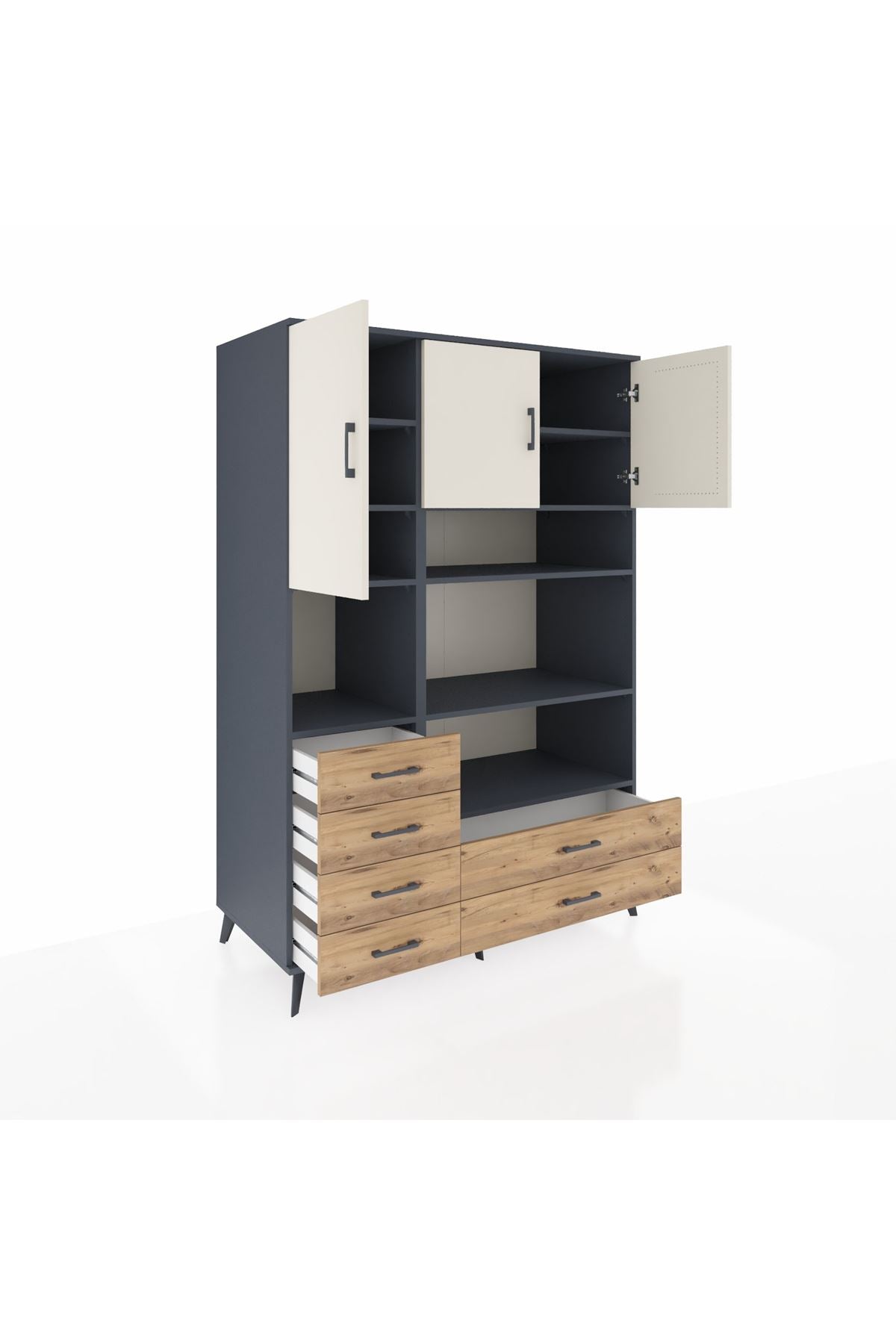Kronos Dolap 9 Raflı 6 Çekmeceli 3 Kapaklı 132x59x195 Antrasit-Aytaşı/Çam