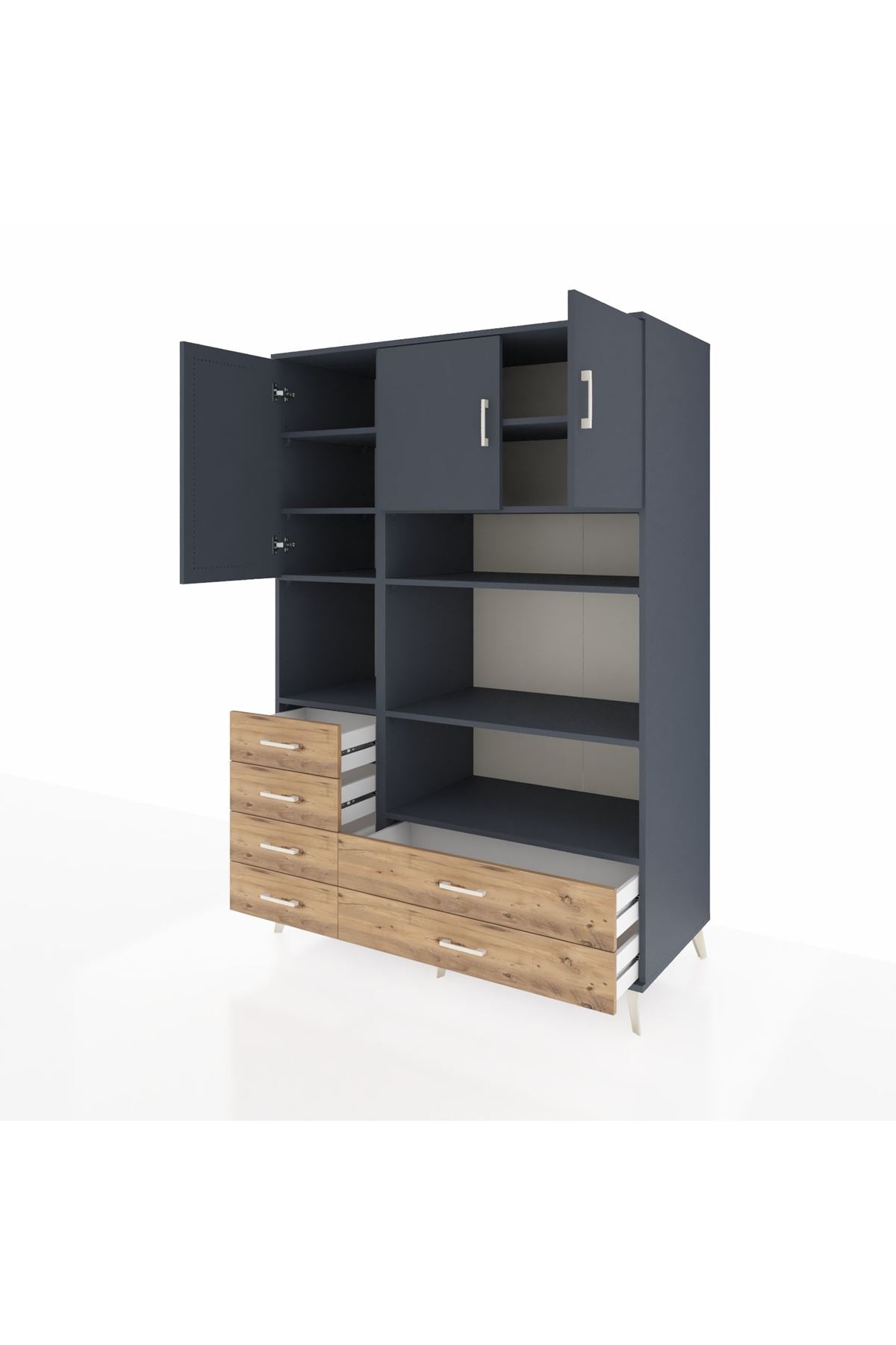 Kronos Dolap 9 Raflı 6 Çekmeceli 3 Kapaklı 132x59x195 Antrasit-Antrasit/Çam