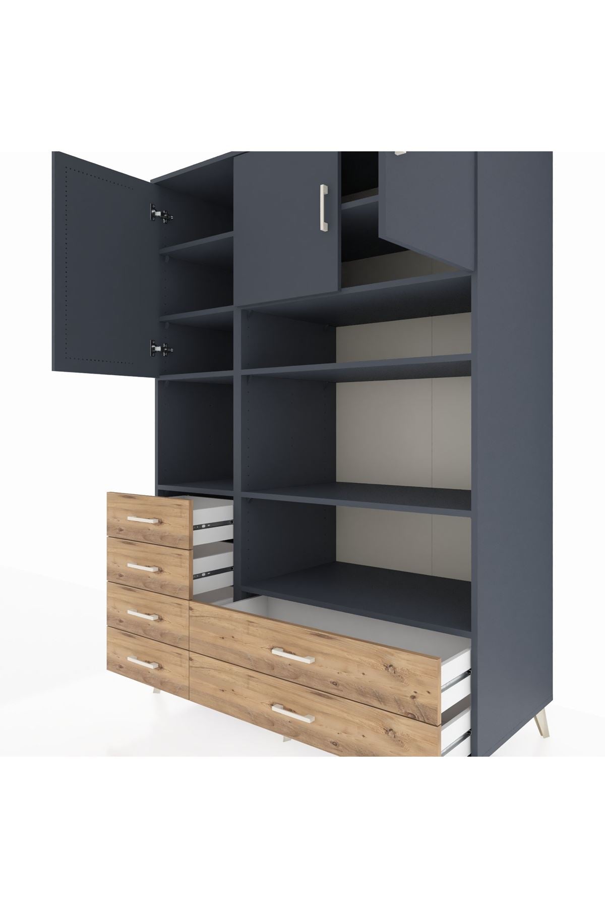 Kronos Dolap 9 Raflı 6 Çekmeceli 3 Kapaklı 132x59x195 Antrasit-Antrasit/Çam