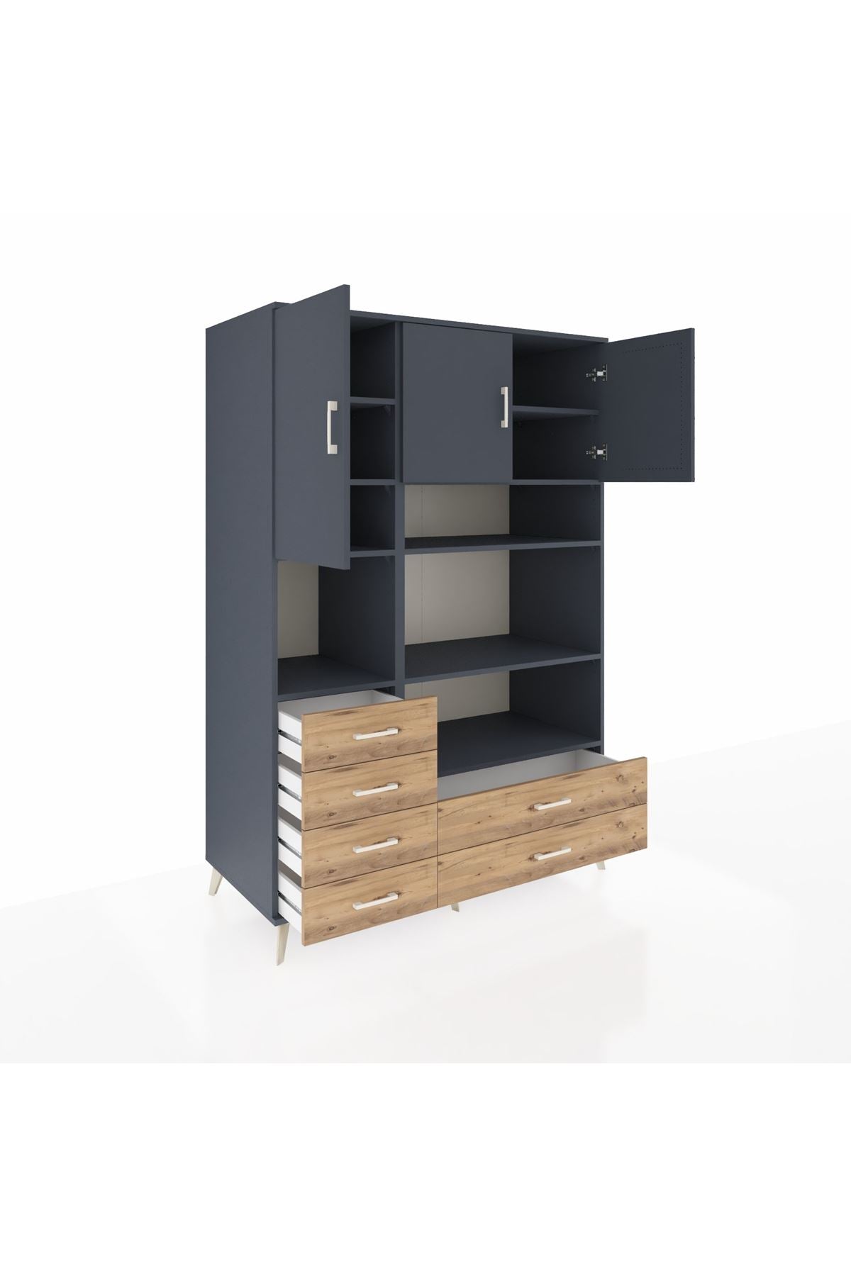 Kronos Dolap 9 Raflı 6 Çekmeceli 3 Kapaklı 132x59x195 Antrasit-Antrasit/Çam