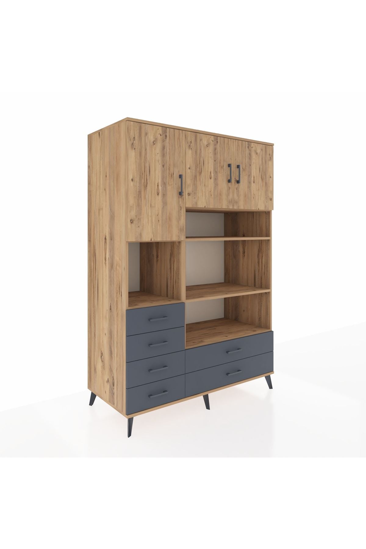 Kronos Dolap 9 Raflı 6 Çekmeceli 3 Kapaklı 132x59x195 Çam-Çam/Antrasit
