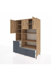 Kronos Dolap 9 Raflı 6 Çekmeceli 3 Kapaklı 132x59x195 Çam-Çam/Antrasit