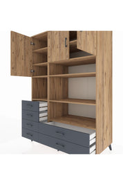 Kronos Dolap 9 Raflı 6 Çekmeceli 3 Kapaklı 132x59x195 Çam-Çam/Antrasit