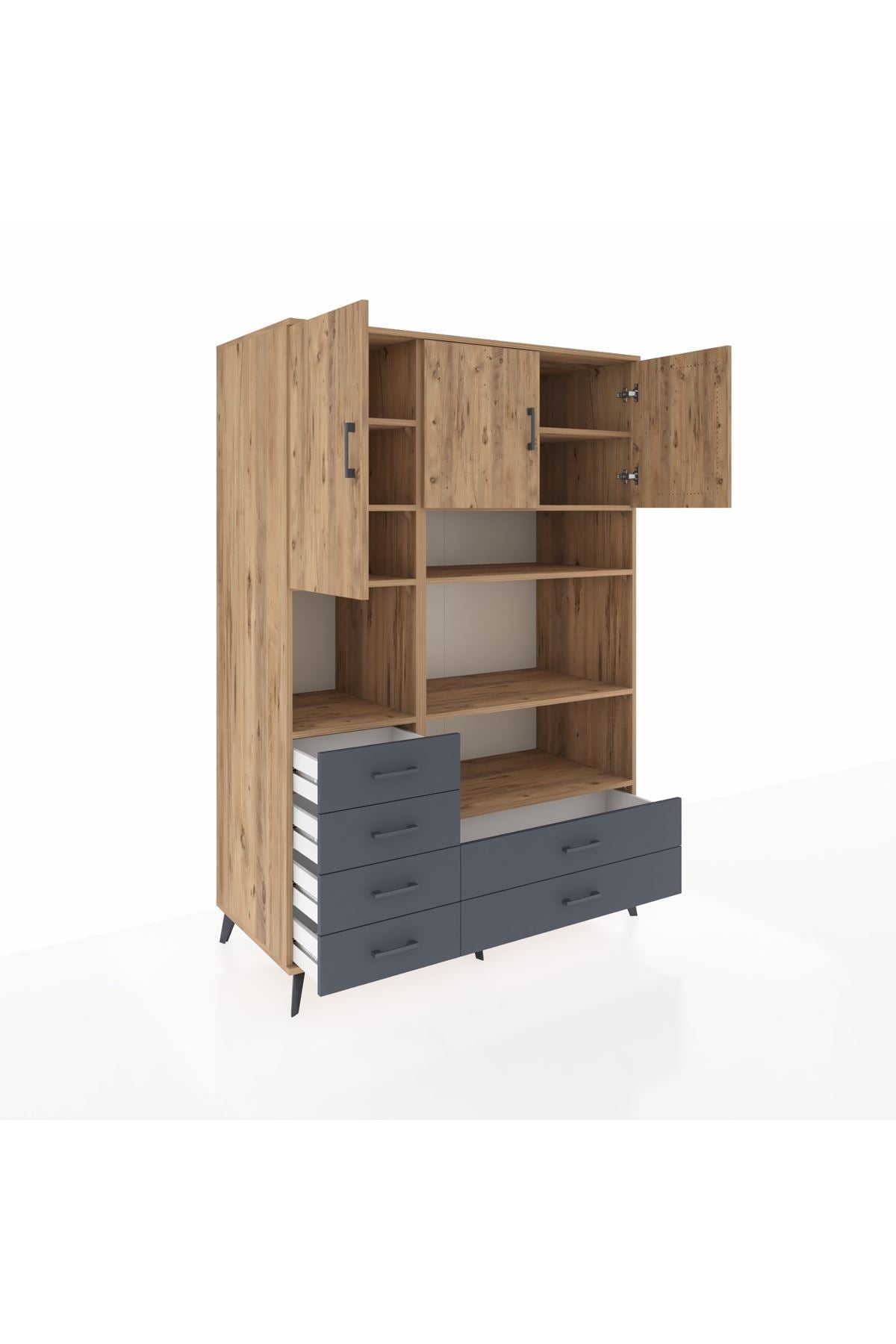 Kronos Dolap 9 Raflı 6 Çekmeceli 3 Kapaklı 132x59x195 Çam-Çam/Antrasit