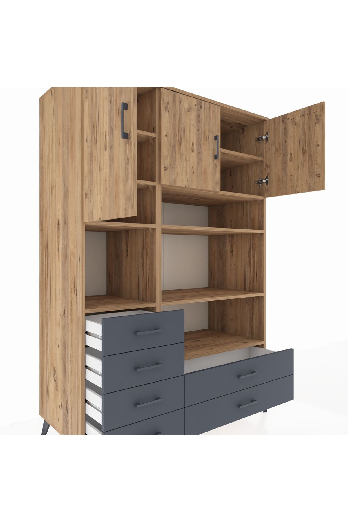 Kronos Dolap 9 Raflı 6 Çekmeceli 3 Kapaklı 132x59x195 Çam-Çam/Antrasit