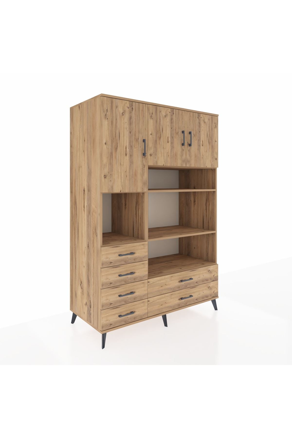 Kronos Dolap 9 Raflı 6 Çekmeceli 3 Kapaklı 132x59x195 Çam-Çam/Çam