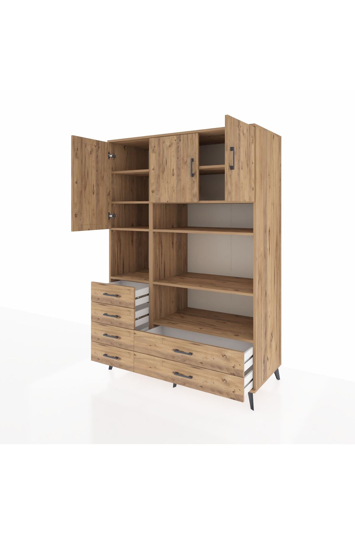 Kronos Dolap 9 Raflı 6 Çekmeceli 3 Kapaklı 132x59x195 Çam-Çam/Çam