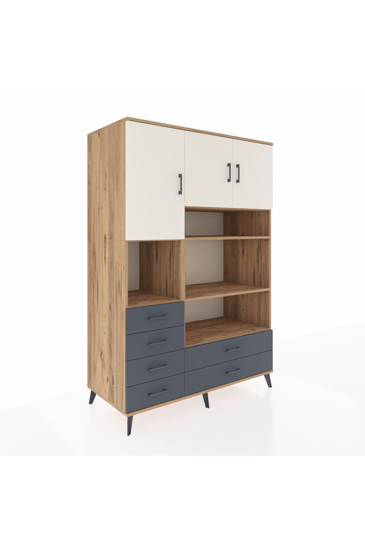 Kronos Dolap 9 Raflı 6 Çekmeceli 3 Kapaklı 132x59x195 Çam-Aytaşı/Antrasit