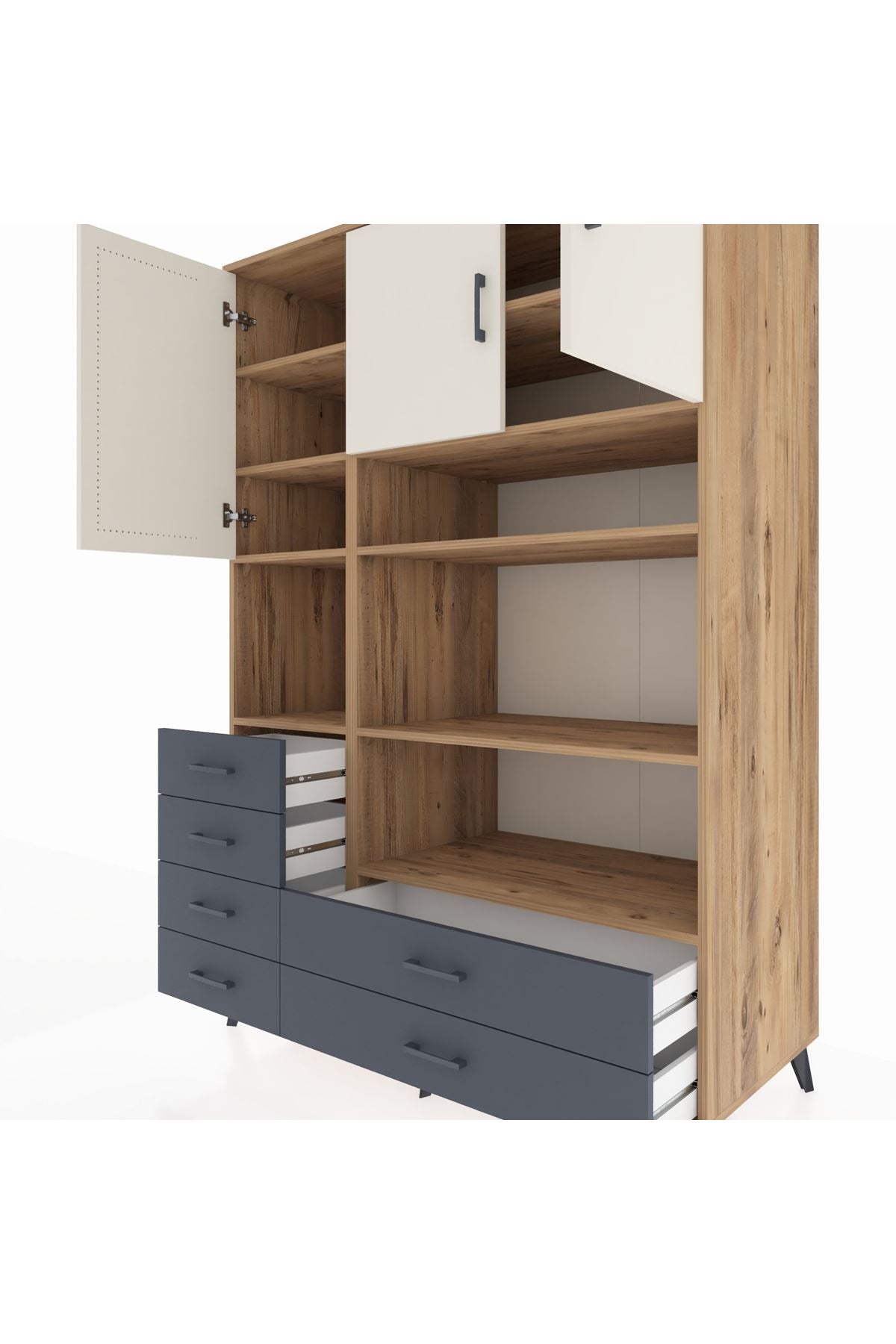 Kronos Dolap 9 Raflı 6 Çekmeceli 3 Kapaklı 132x59x195 Çam-Aytaşı/Antrasit