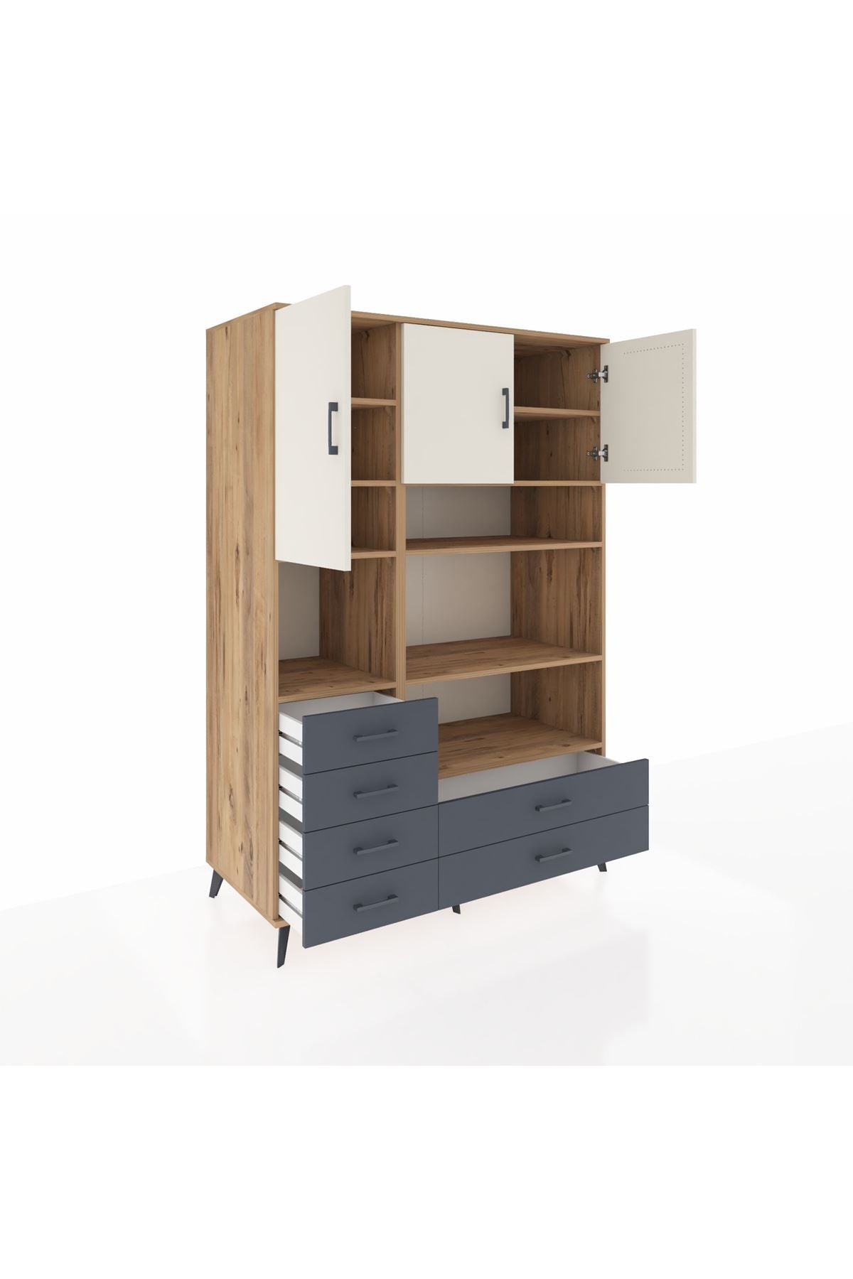 Kronos Dolap 9 Raflı 6 Çekmeceli 3 Kapaklı 132x59x195 Çam-Aytaşı/Antrasit