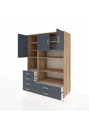 Kronos Dolap 9 Raflı 6 Çekmeceli 3 Kapaklı 132x59x195 Çam-Antrasit/Antrasit