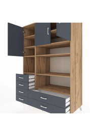 Kronos Dolap 9 Raflı 6 Çekmeceli 3 Kapaklı 132x59x195 Çam-Antrasit/Antrasit