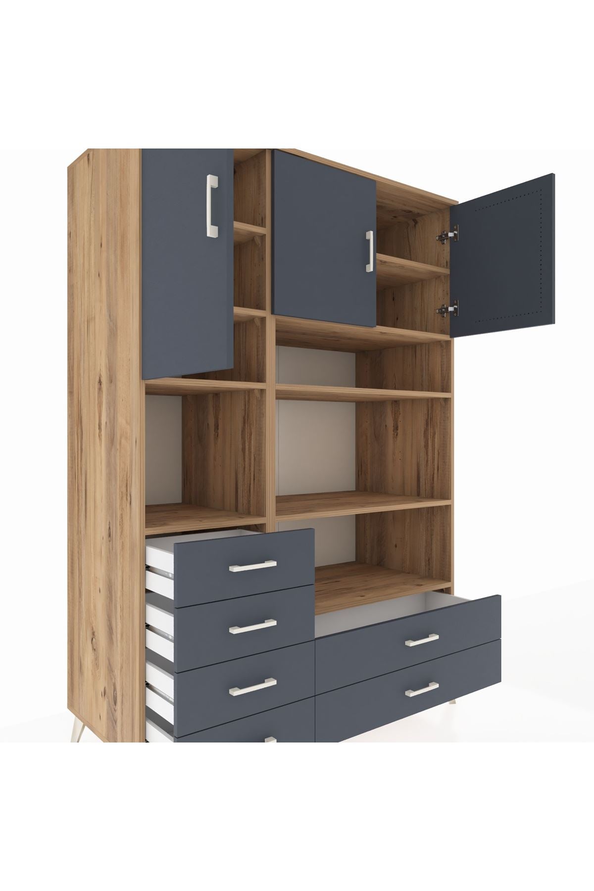 Kronos Dolap 9 Raflı 6 Çekmeceli 3 Kapaklı 132x59x195 Çam-Antrasit/Antrasit