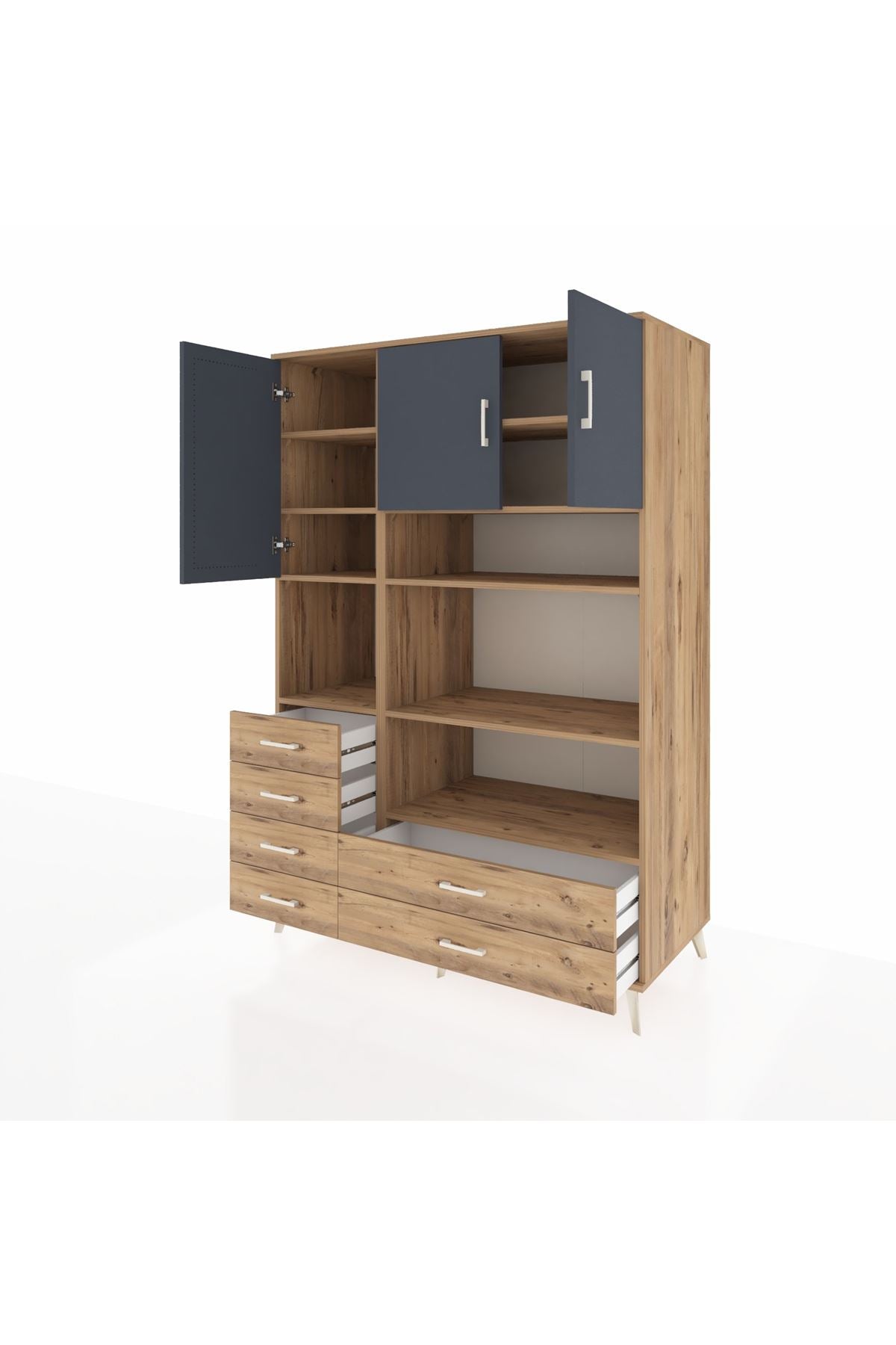 Kronos Dolap 9 Raflı 6 Çekmeceli 3 Kapaklı 132x59x195 Çam-Antrasit/Çam