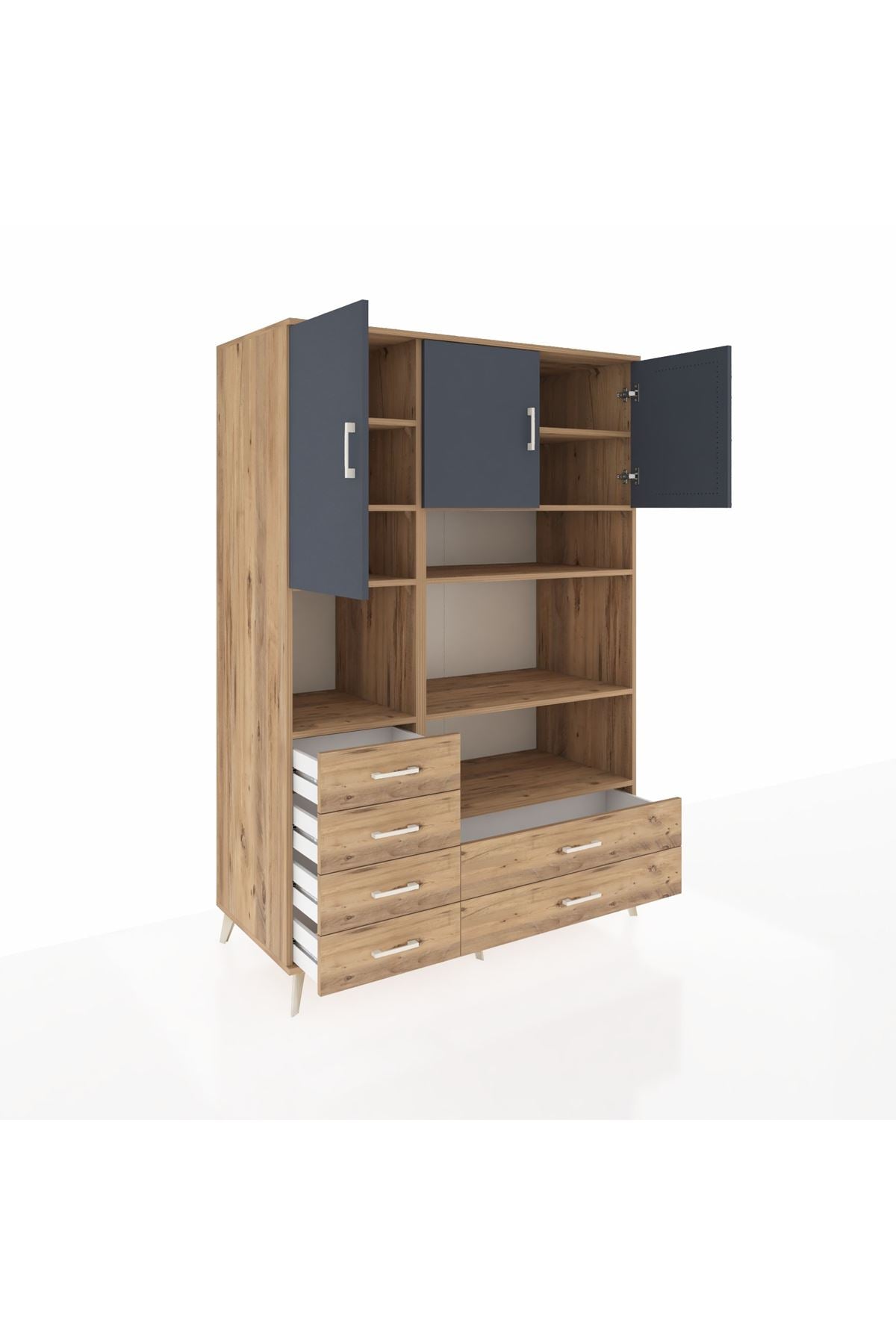 Kronos Dolap 9 Raflı 6 Çekmeceli 3 Kapaklı 132x59x195 Çam-Antrasit/Çam