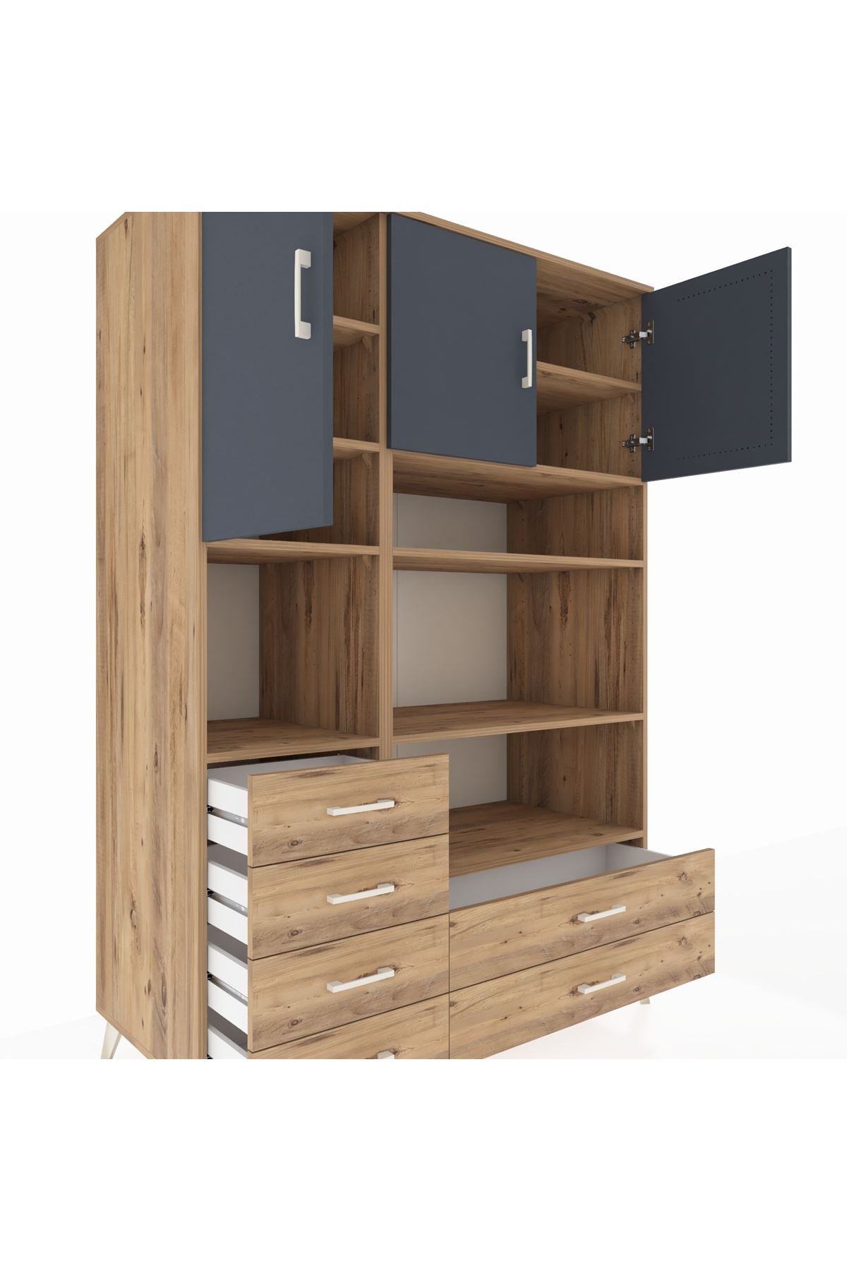 Kronos Dolap 9 Raflı 6 Çekmeceli 3 Kapaklı 132x59x195 Çam-Antrasit/Çam