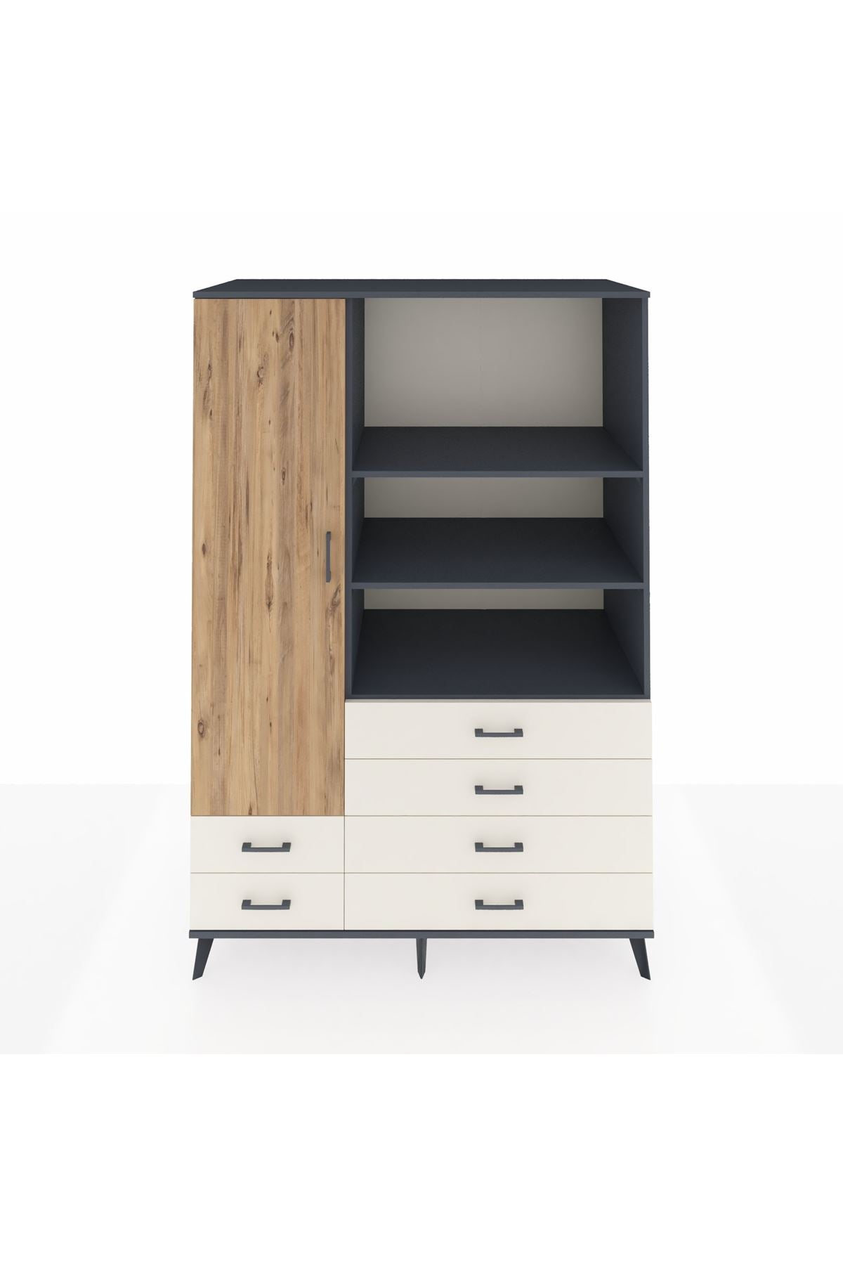 Kronos Dolap 7 Raflı 6 Çekmeceli Tek Kapaklı 132x59x195 Antrasit-Çam/Aytaşı