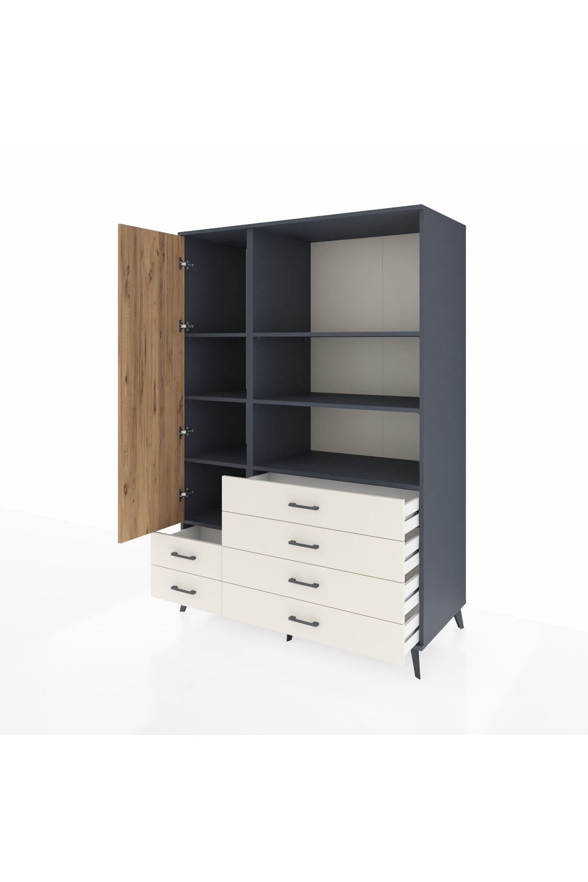 Kronos Dolap 7 Raflı 6 Çekmeceli Tek Kapaklı 132x59x195 Antrasit-Çam/Aytaşı