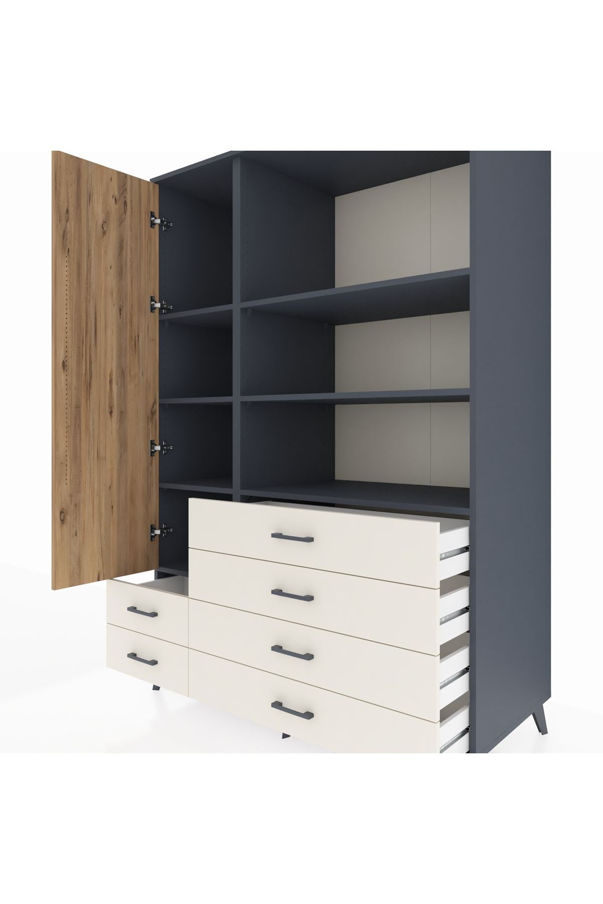 Kronos Dolap 7 Raflı 6 Çekmeceli Tek Kapaklı 132x59x195 Antrasit-Çam/Aytaşı