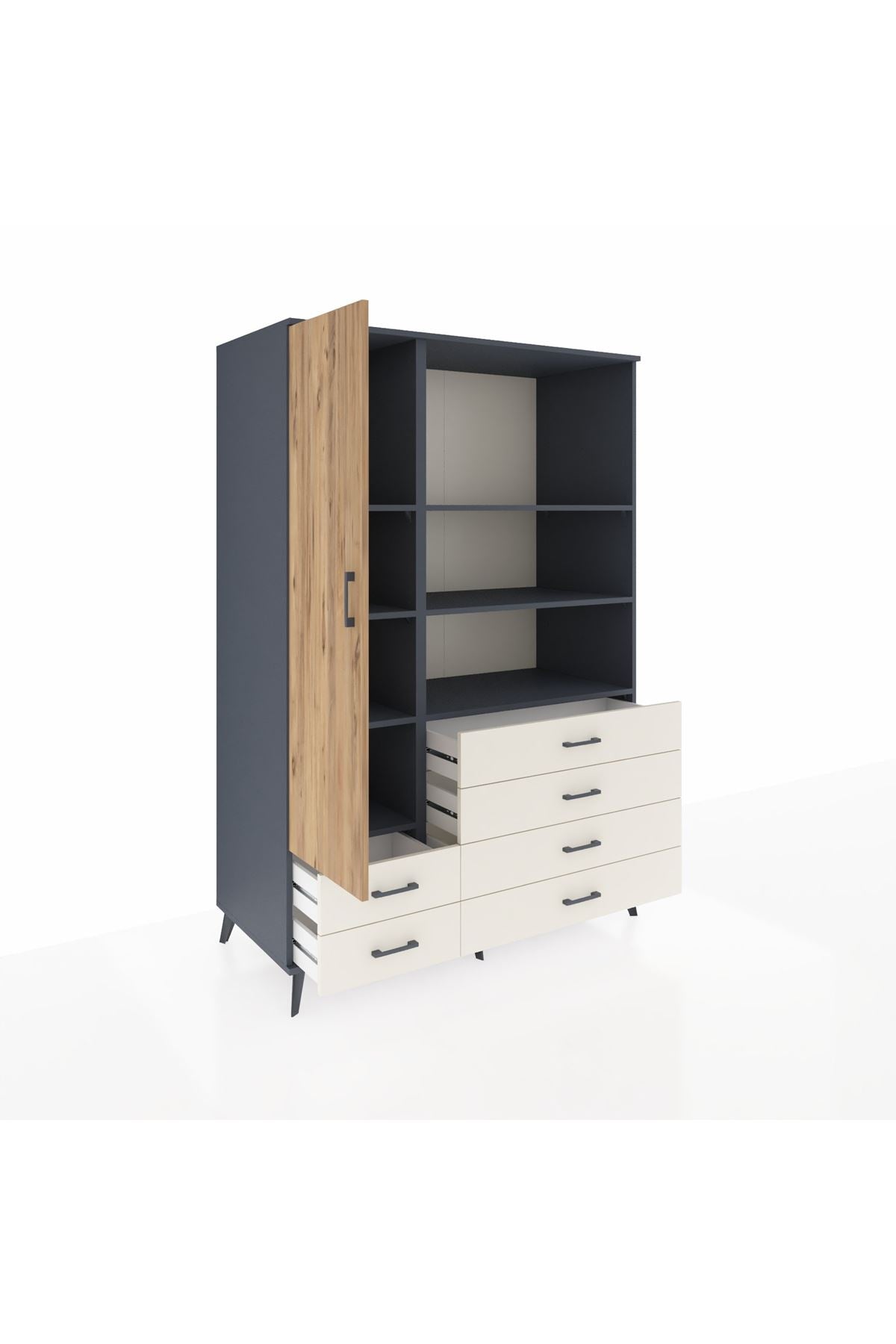 Kronos Dolap 7 Raflı 6 Çekmeceli Tek Kapaklı 132x59x195 Antrasit-Çam/Aytaşı