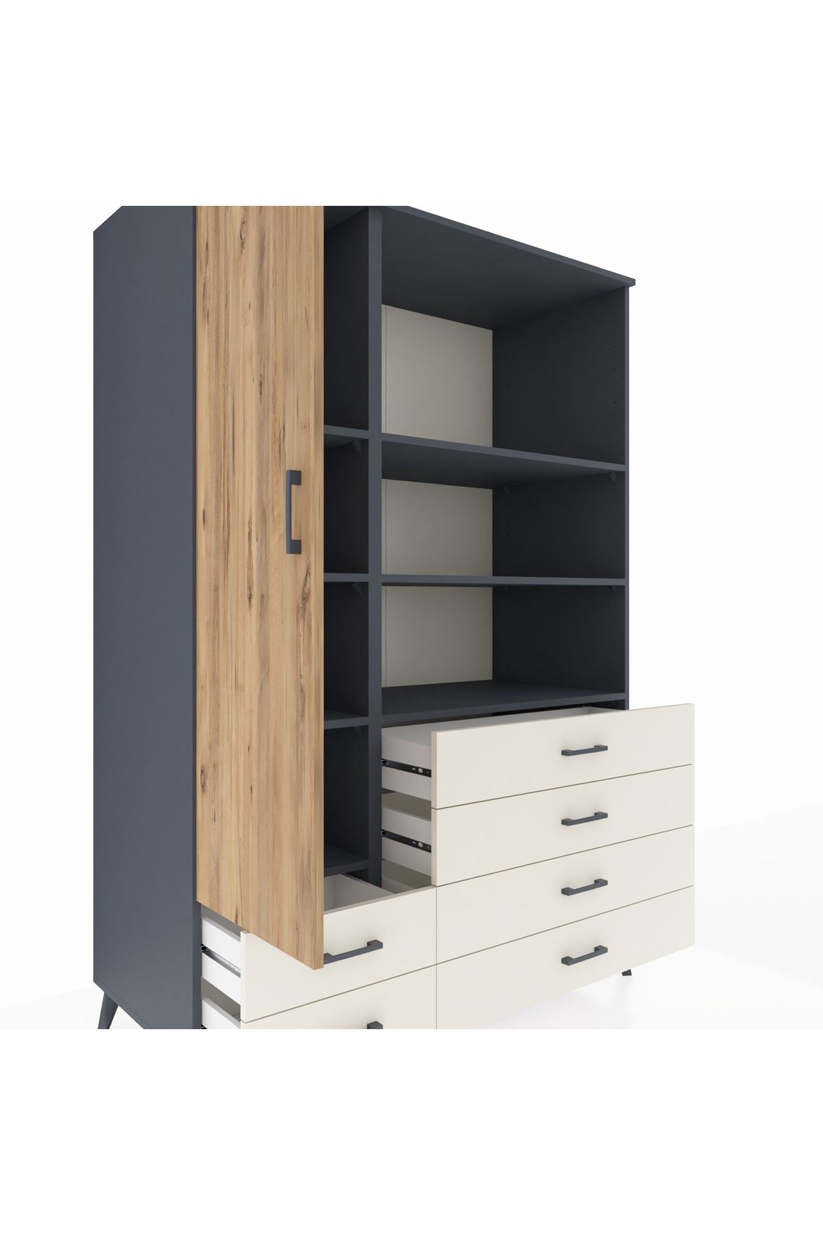 Kronos Dolap 7 Raflı 6 Çekmeceli Tek Kapaklı 132x59x195 Antrasit-Çam/Aytaşı