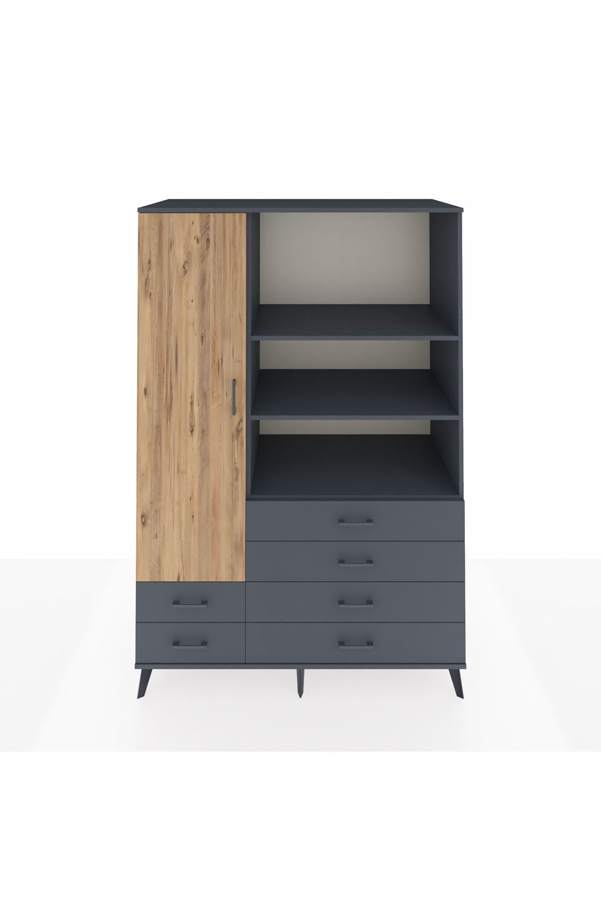 Kronos Dolap 7 Raflı 6 Çekmeceli Tek Kapaklı 132x59x195 Antrasit-Çam/Antrasit