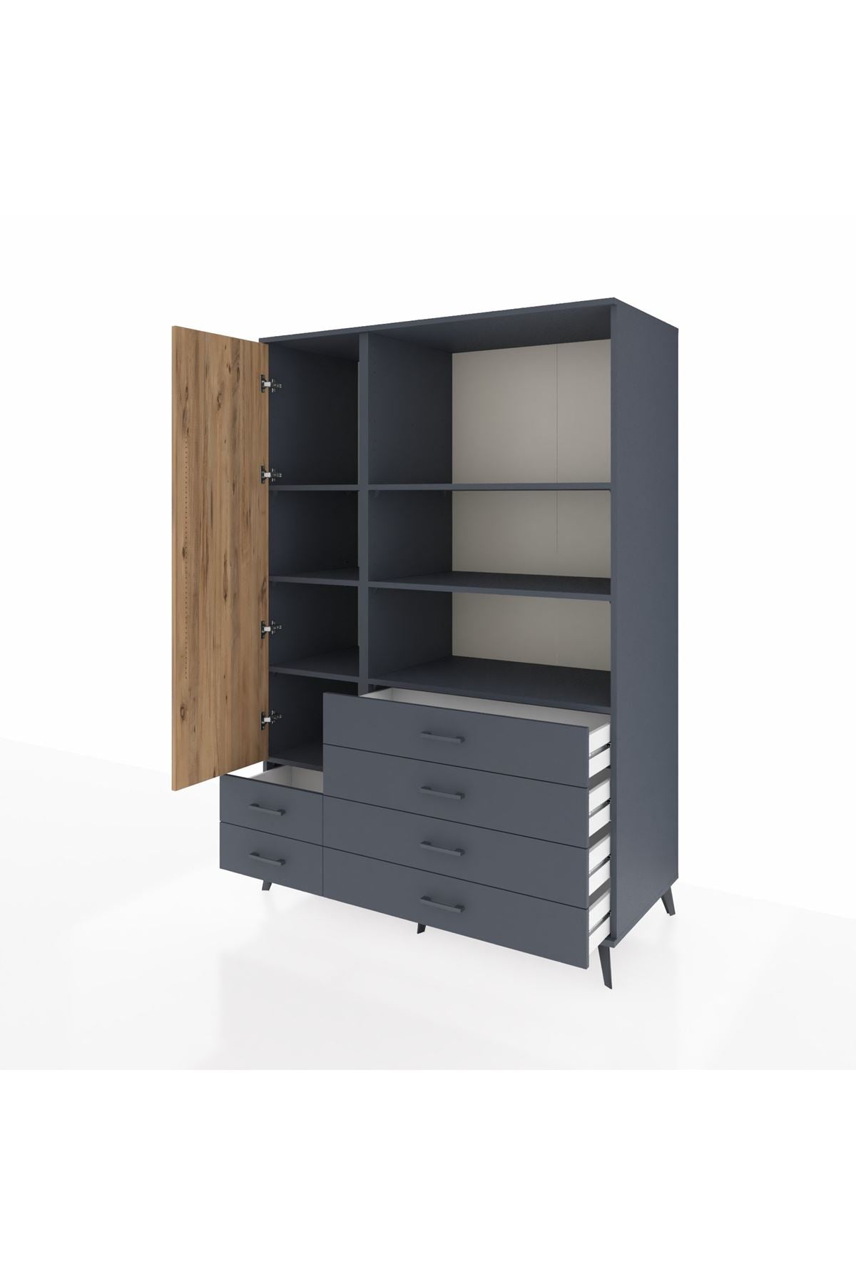 Kronos Dolap 7 Raflı 6 Çekmeceli Tek Kapaklı 132x59x195 Antrasit-Çam/Antrasit