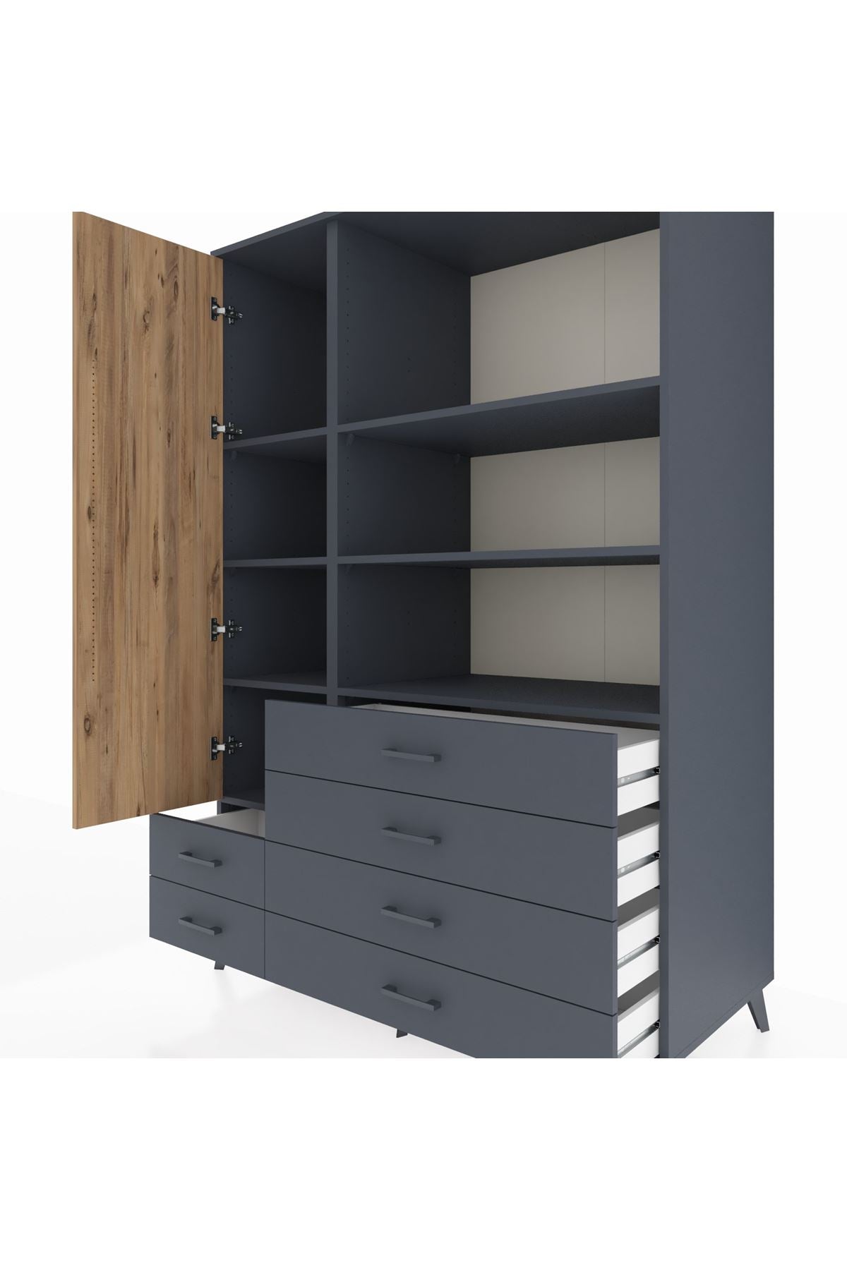 Kronos Dolap 7 Raflı 6 Çekmeceli Tek Kapaklı 132x59x195 Antrasit-Çam/Antrasit