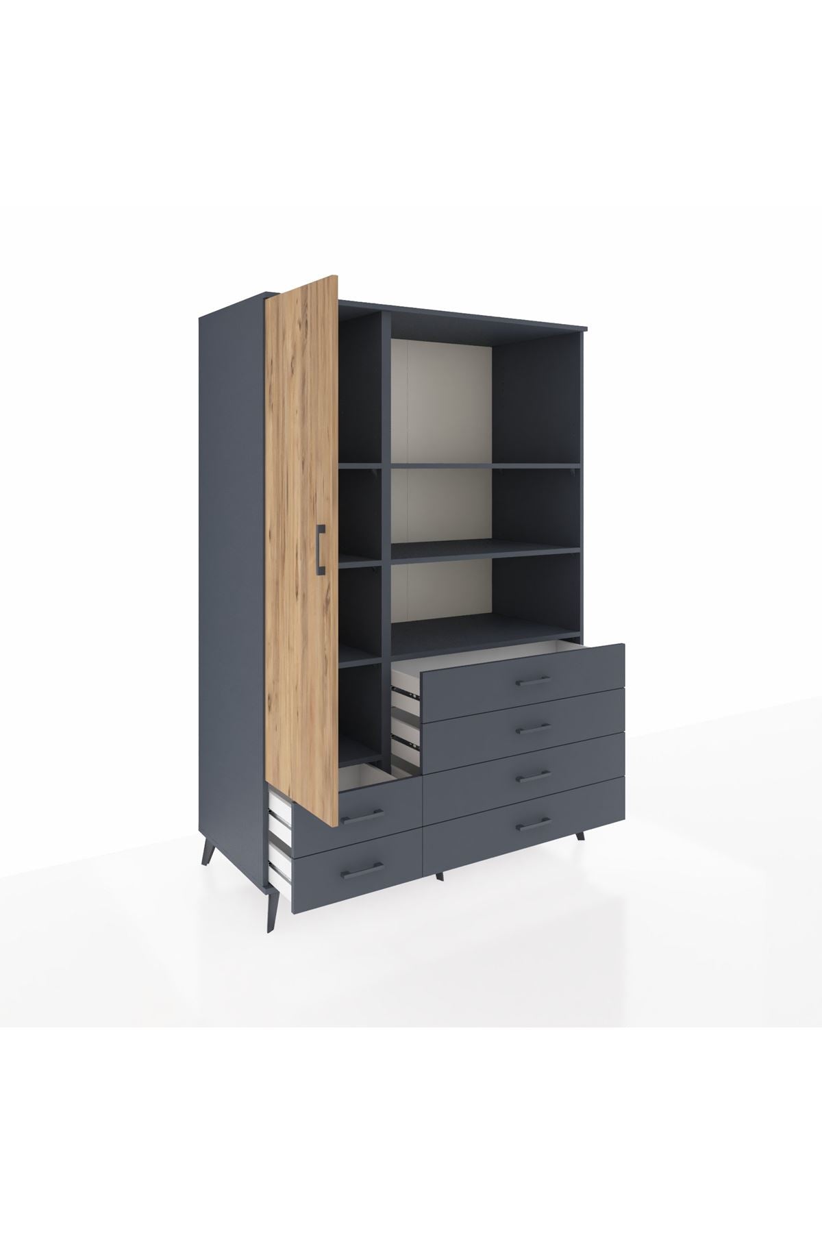 Kronos Dolap 7 Raflı 6 Çekmeceli Tek Kapaklı 132x59x195 Antrasit-Çam/Antrasit