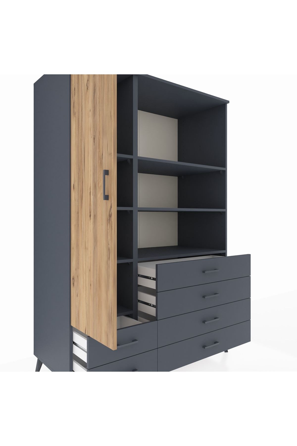 Kronos Dolap 7 Raflı 6 Çekmeceli Tek Kapaklı 132x59x195 Antrasit-Çam/Antrasit