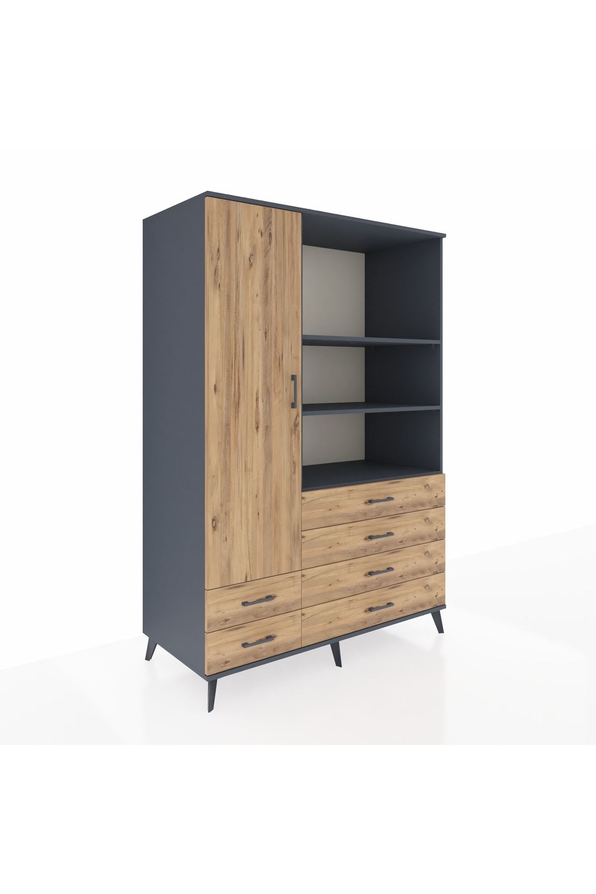 Kronos Dolap 7 Raflı 6 Çekmeceli Tek Kapaklı 132x59x195 Antrasit-Çam/Çam