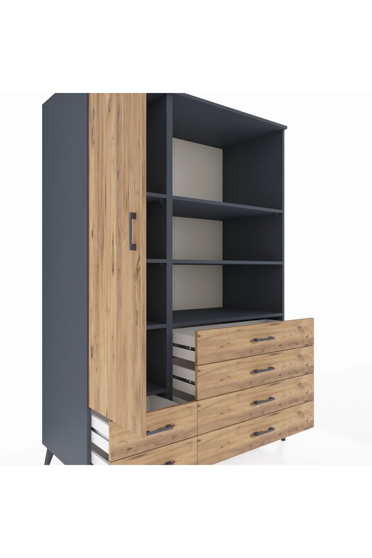 Kronos Dolap 7 Raflı 6 Çekmeceli Tek Kapaklı 132x59x195 Antrasit-Çam/Çam