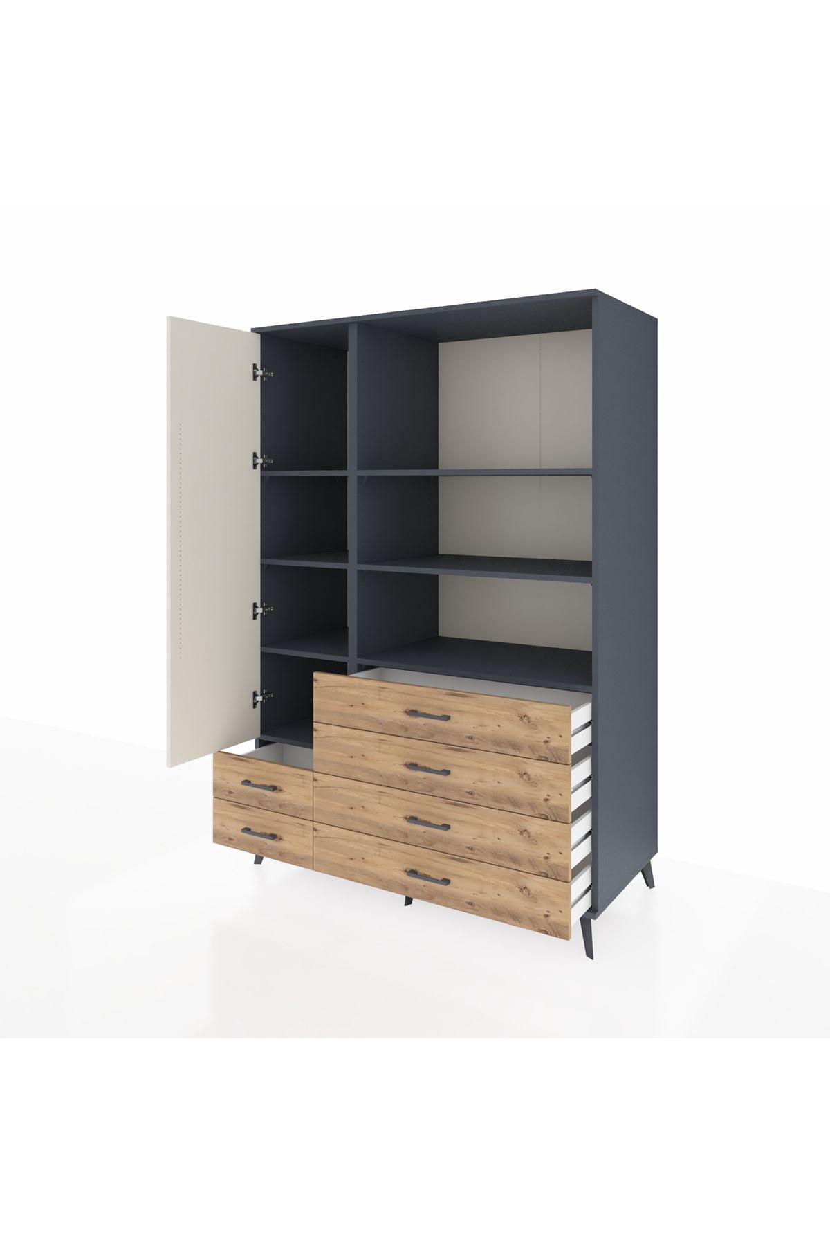 Kronos Dolap 7 Raflı 6 Çekmeceli Tek Kapaklı 132x59x195 Antrasit-Aytaşı/Çam