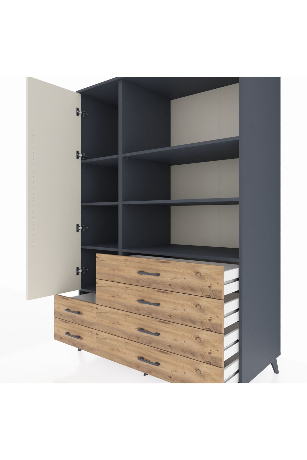 Kronos Dolap 7 Raflı 6 Çekmeceli Tek Kapaklı 132x59x195 Antrasit-Aytaşı/Çam