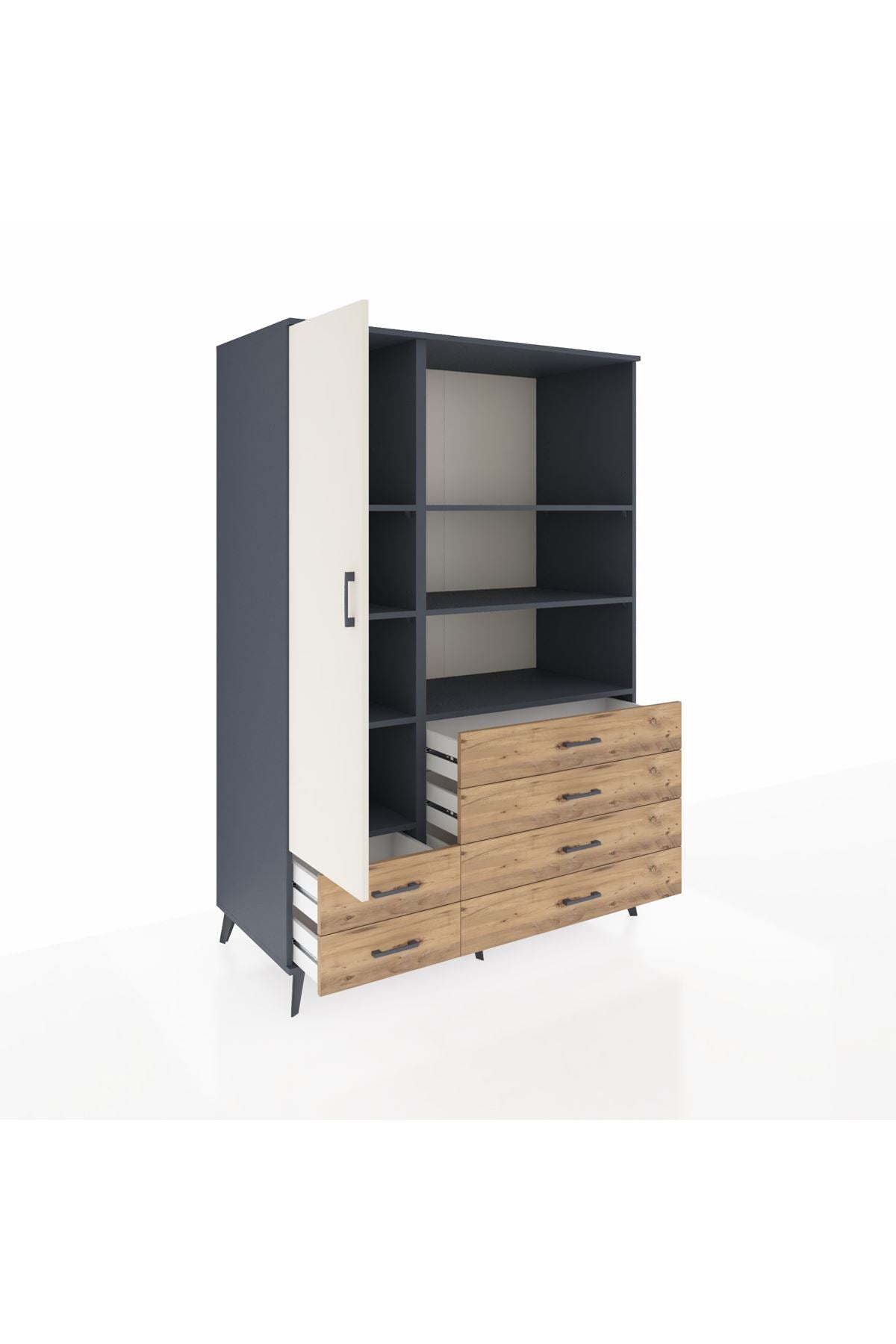 Kronos Dolap 7 Raflı 6 Çekmeceli Tek Kapaklı 132x59x195 Antrasit-Aytaşı/Çam