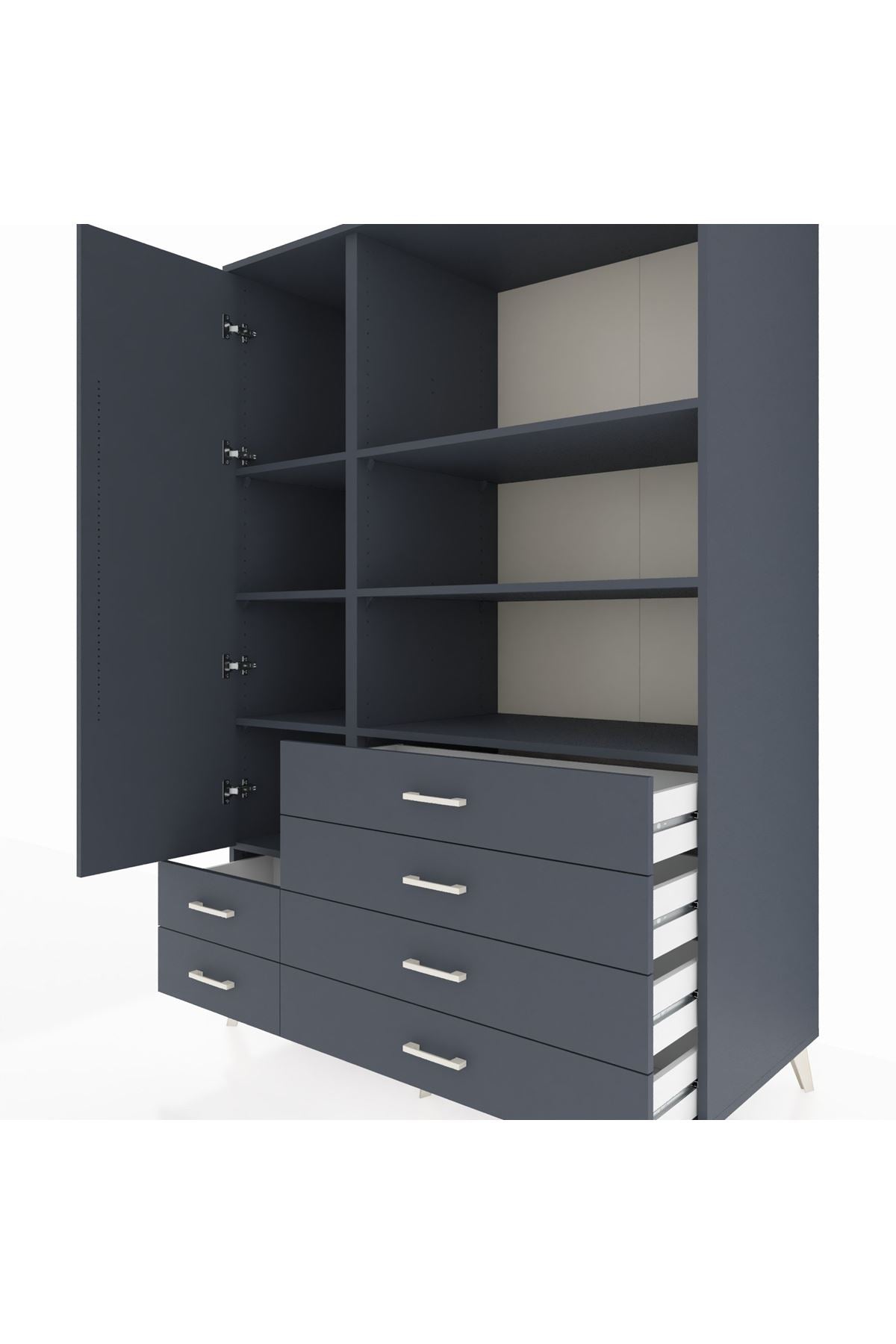 Kronos Dolap 7 Raflı 6 Çekmeceli Tek Kapaklı 132x59x195 Antrasit-Antrasit/Antrasit