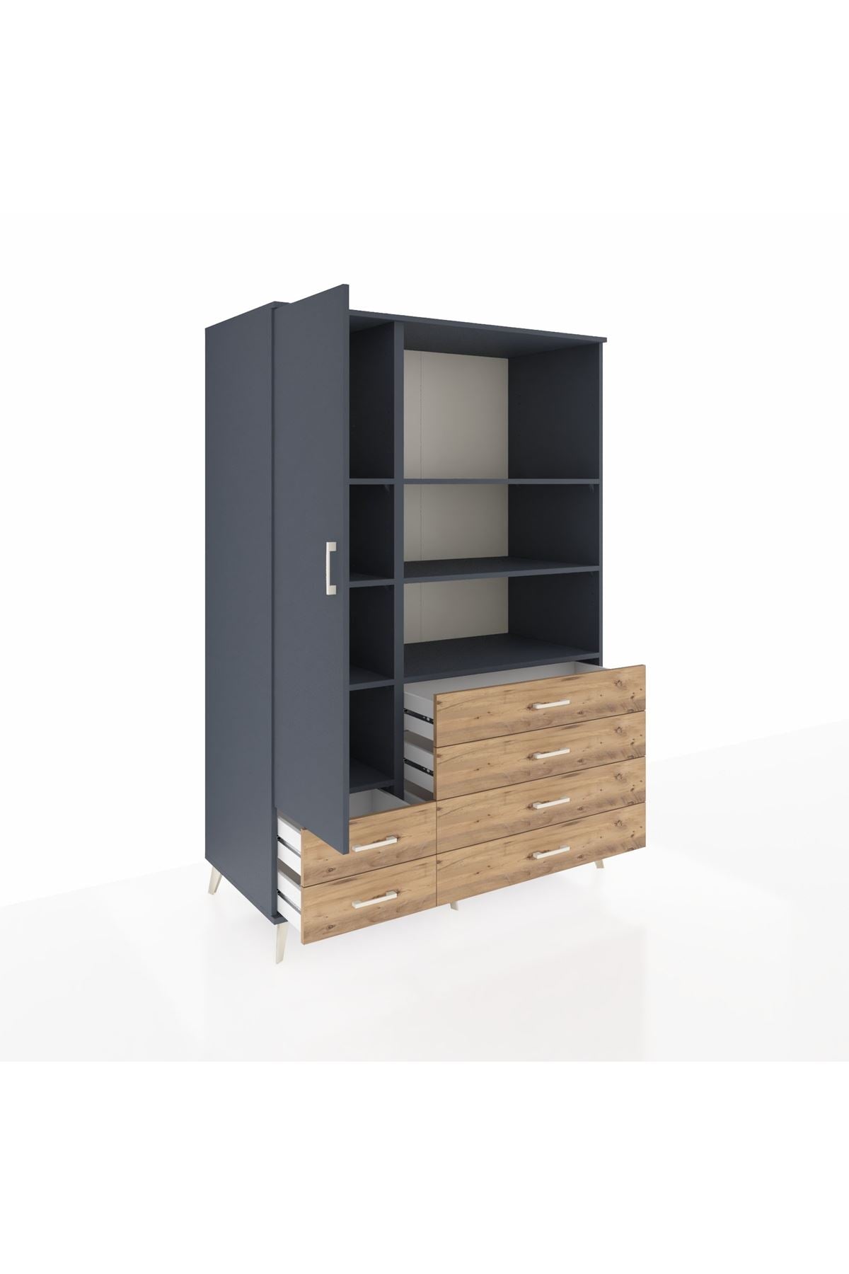 Kronos Dolap 7 Raflı 6 Çekmeceli Tek Kapaklı 132x59x195 Antrasit-Antrasit/Çam