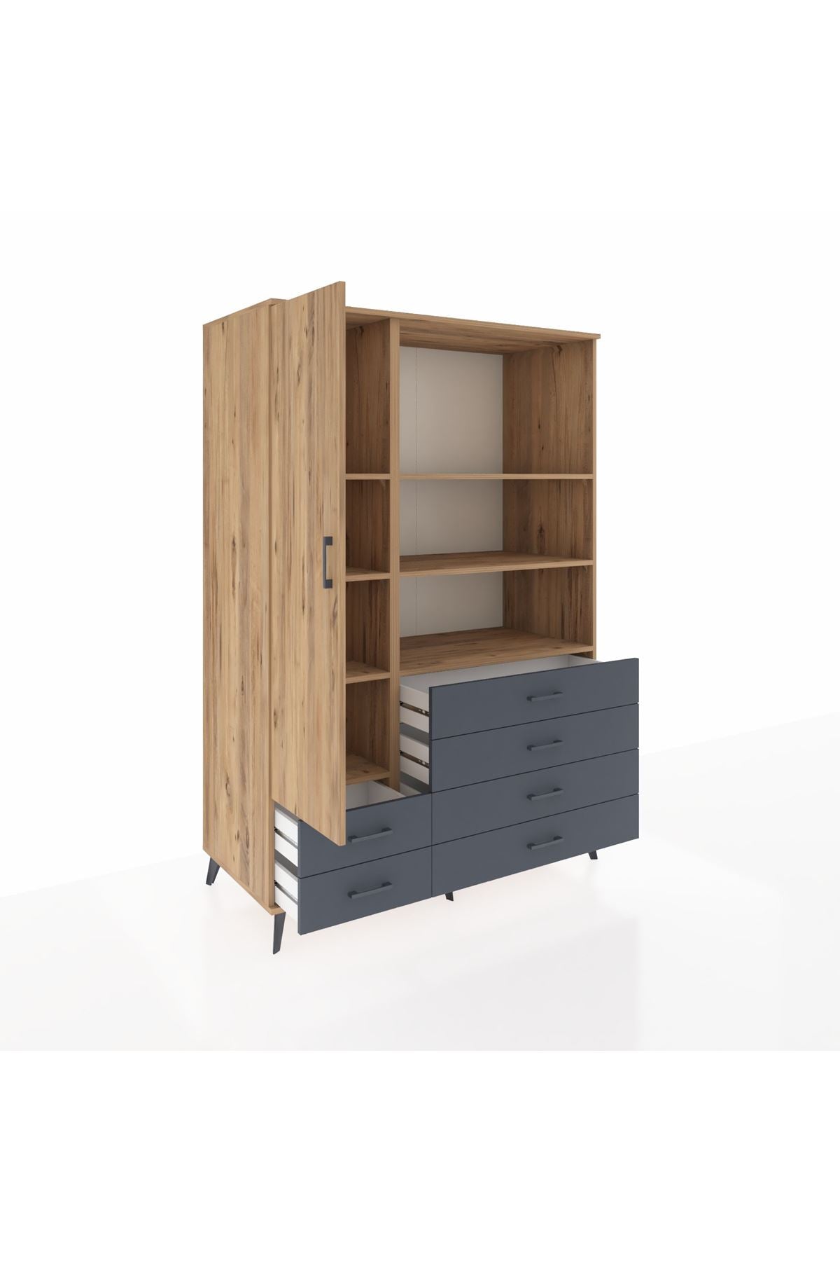 Kronos Dolap 7 Raflı 6 Çekmeceli Tek Kapaklı 132x59x195 Çam-Çam/Antrasit