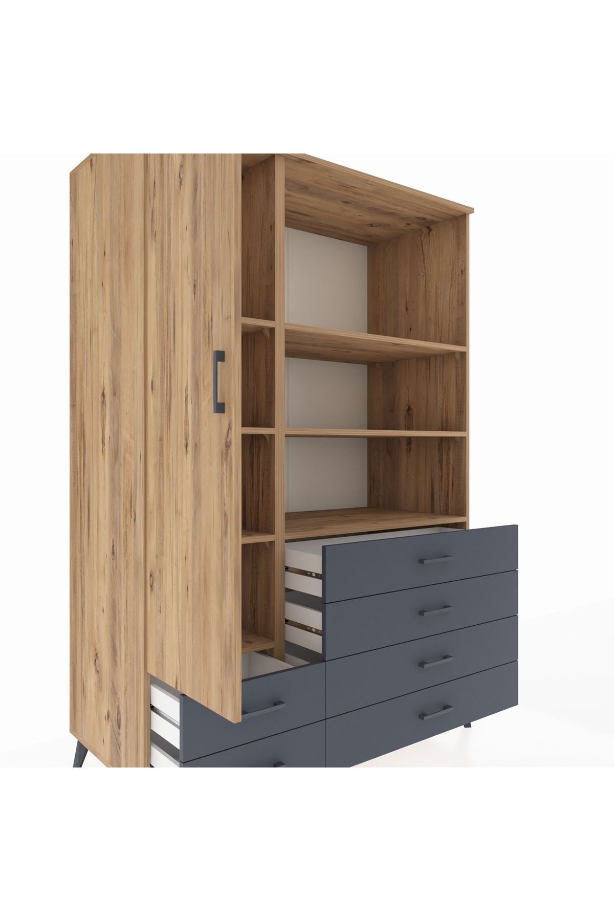 Kronos Dolap 7 Raflı 6 Çekmeceli Tek Kapaklı 132x59x195 Çam-Çam/Antrasit