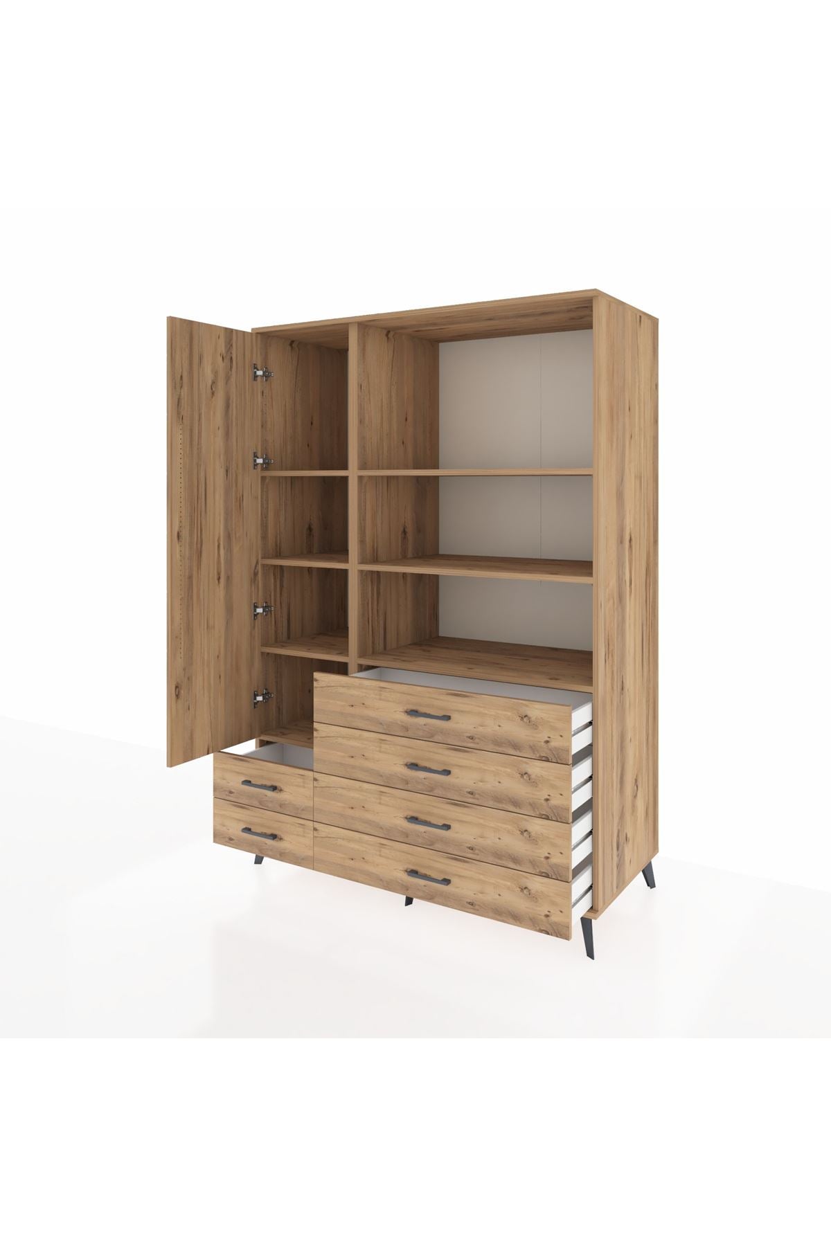 Kronos Dolap 7 Raflı 6 Çekmeceli Tek Kapaklı 132x59x195 Çam-Çam/Çam